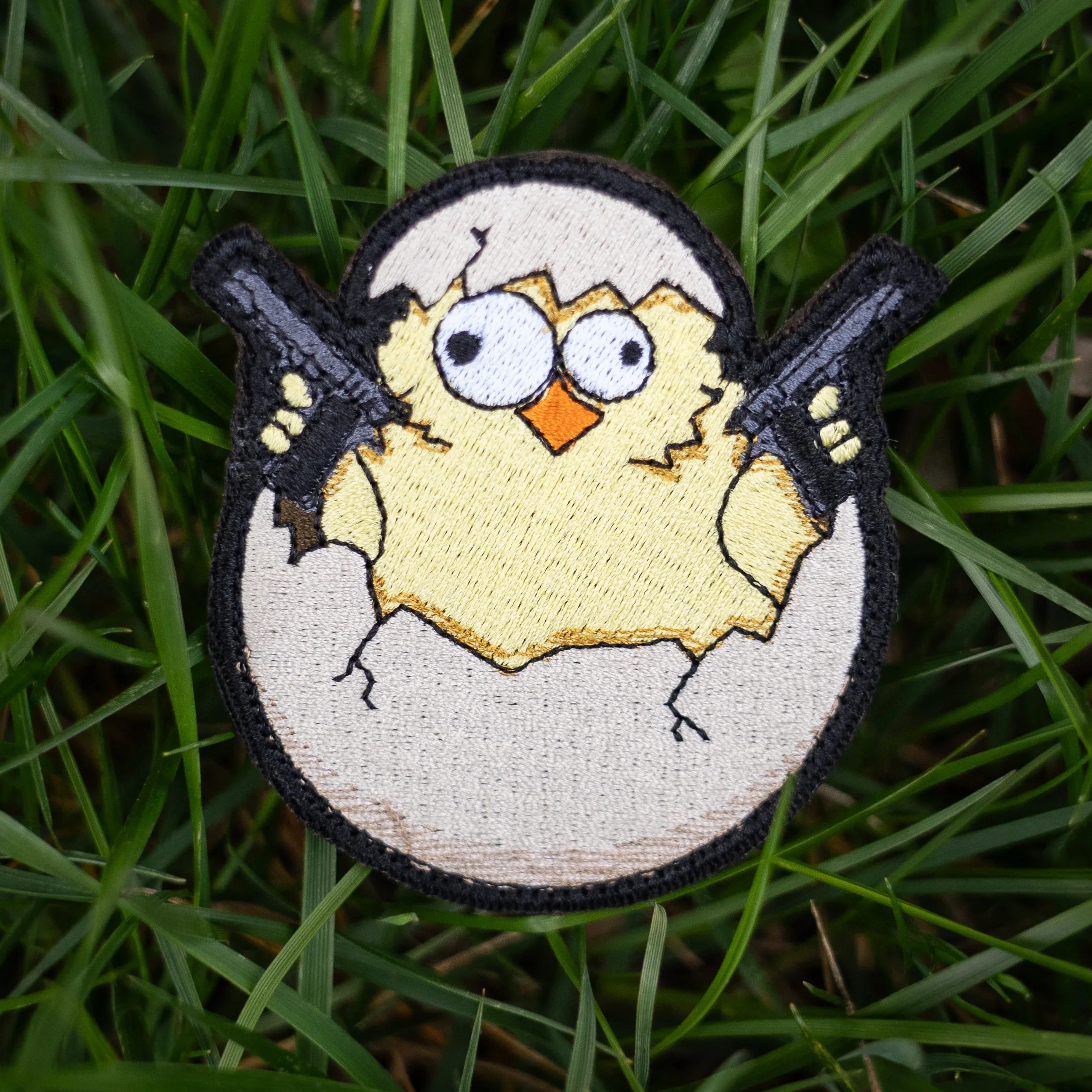 Guns A Blazing Battle Ready Baby Chicken - Chick N Egg - Embroidered 4" Patch - Bad Bunny Collection