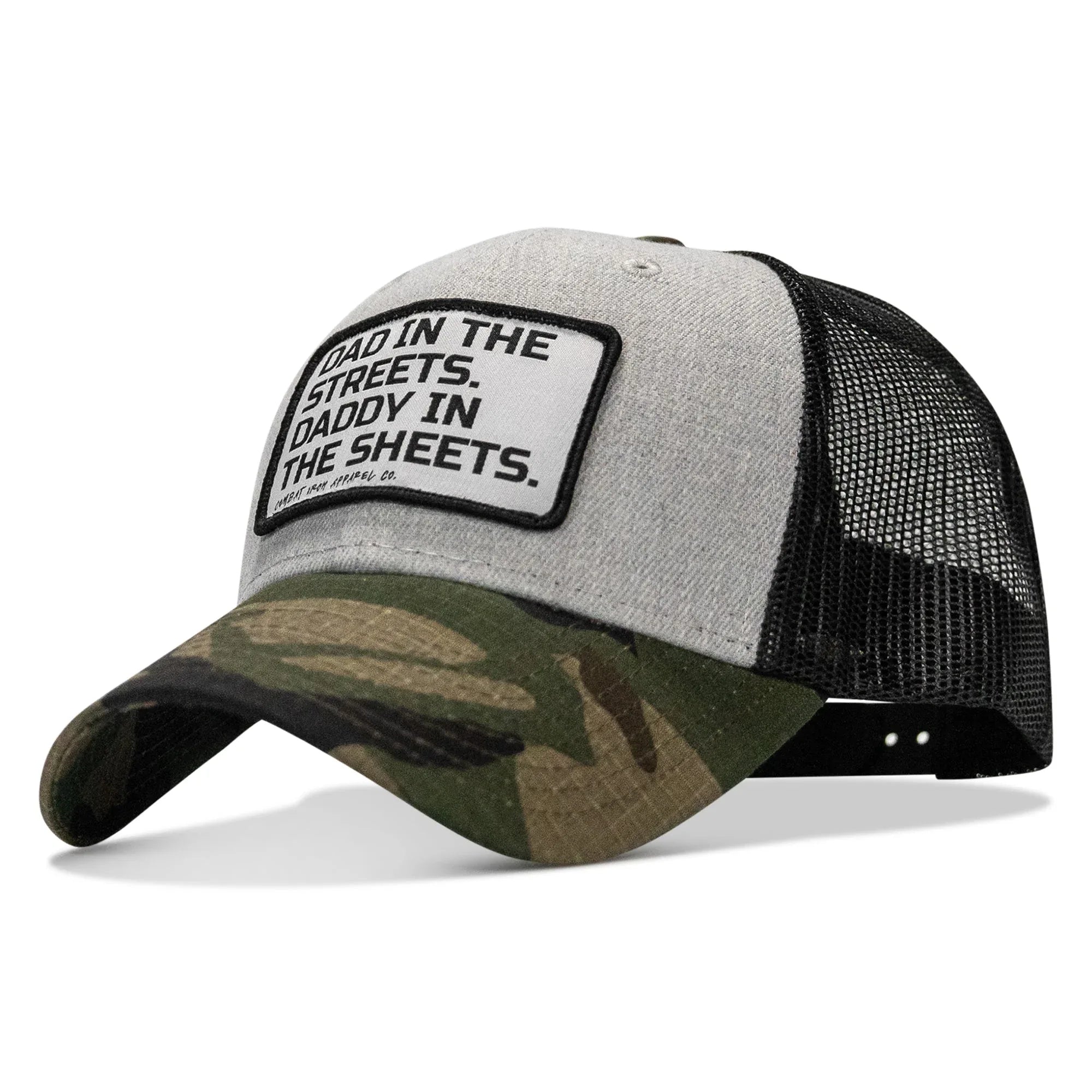 Dad In The Streets. Daddy In The Sheets. White Patch Snapback Hat - Combat Iron Apparel Co.