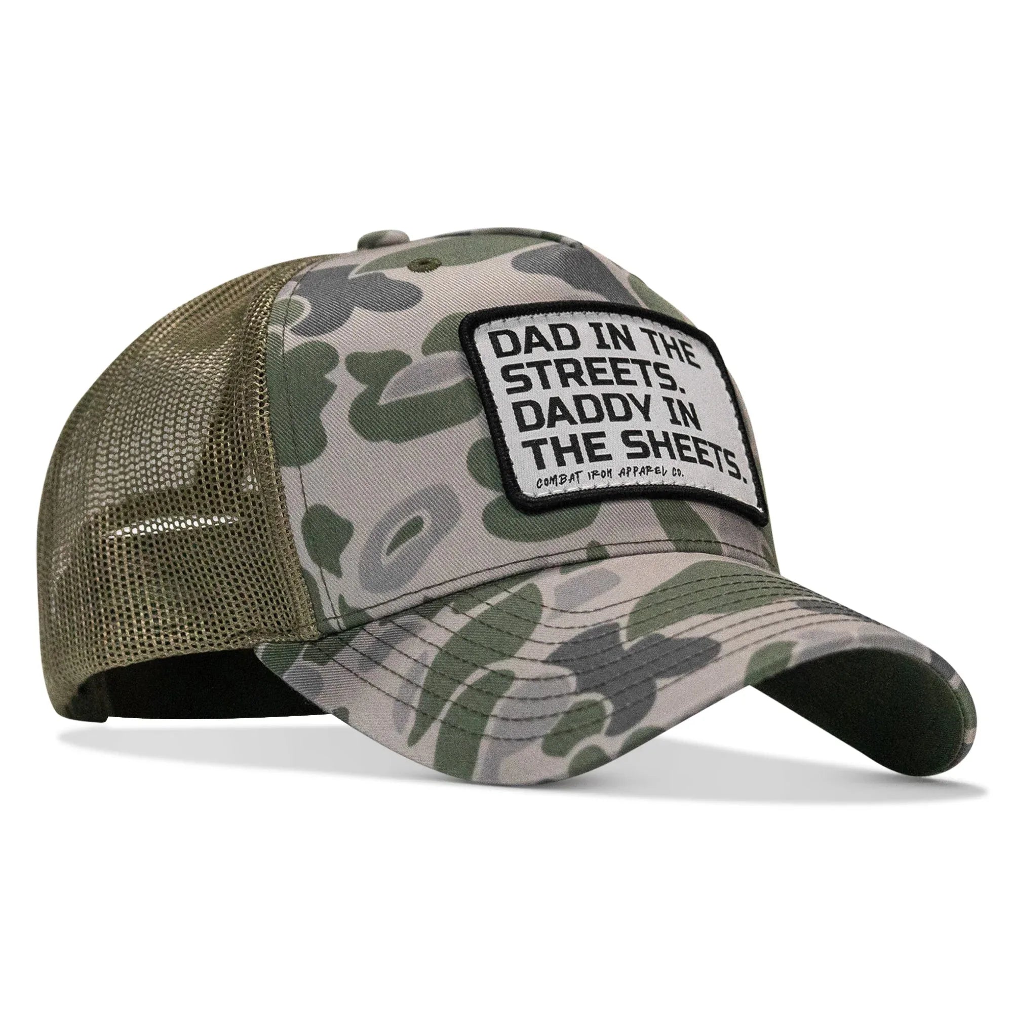 Dad In The Streets. Daddy In The Sheets. White Patch Snapback Hat - Combat Iron Apparel Co.