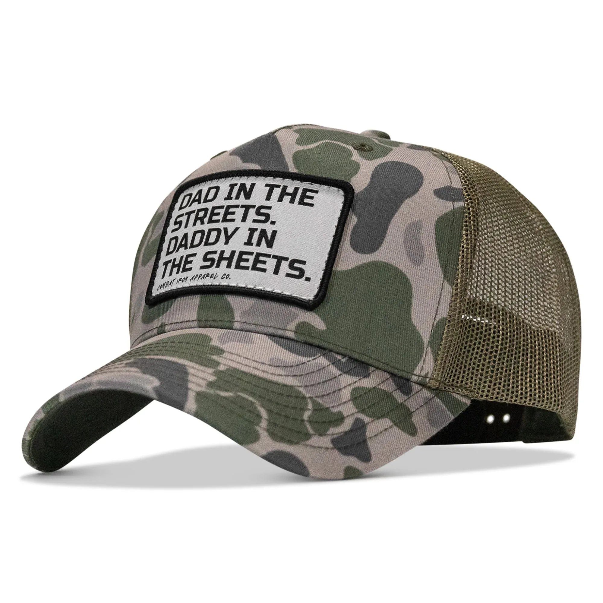 Dad In The Streets. Daddy In The Sheets. White Patch Snapback Hat - Combat Iron Apparel Co.