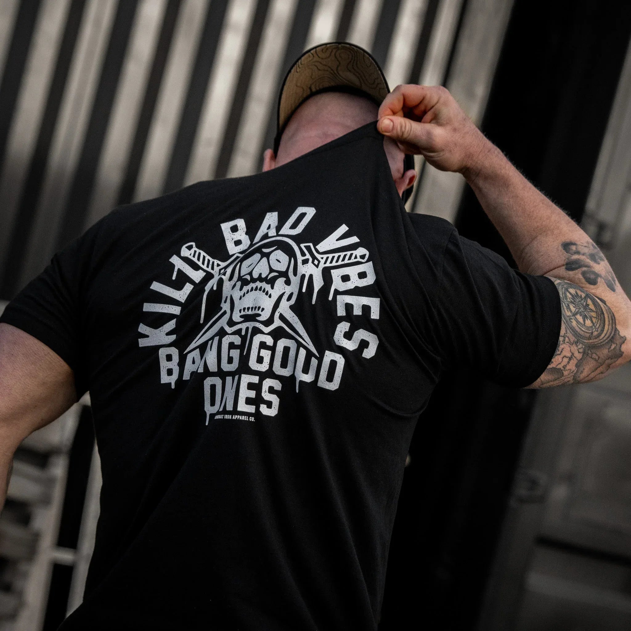 Kill Bad Vibes. Bang Good Ones Skull Men's T-Shirt - Combat Iron Apparel Co.