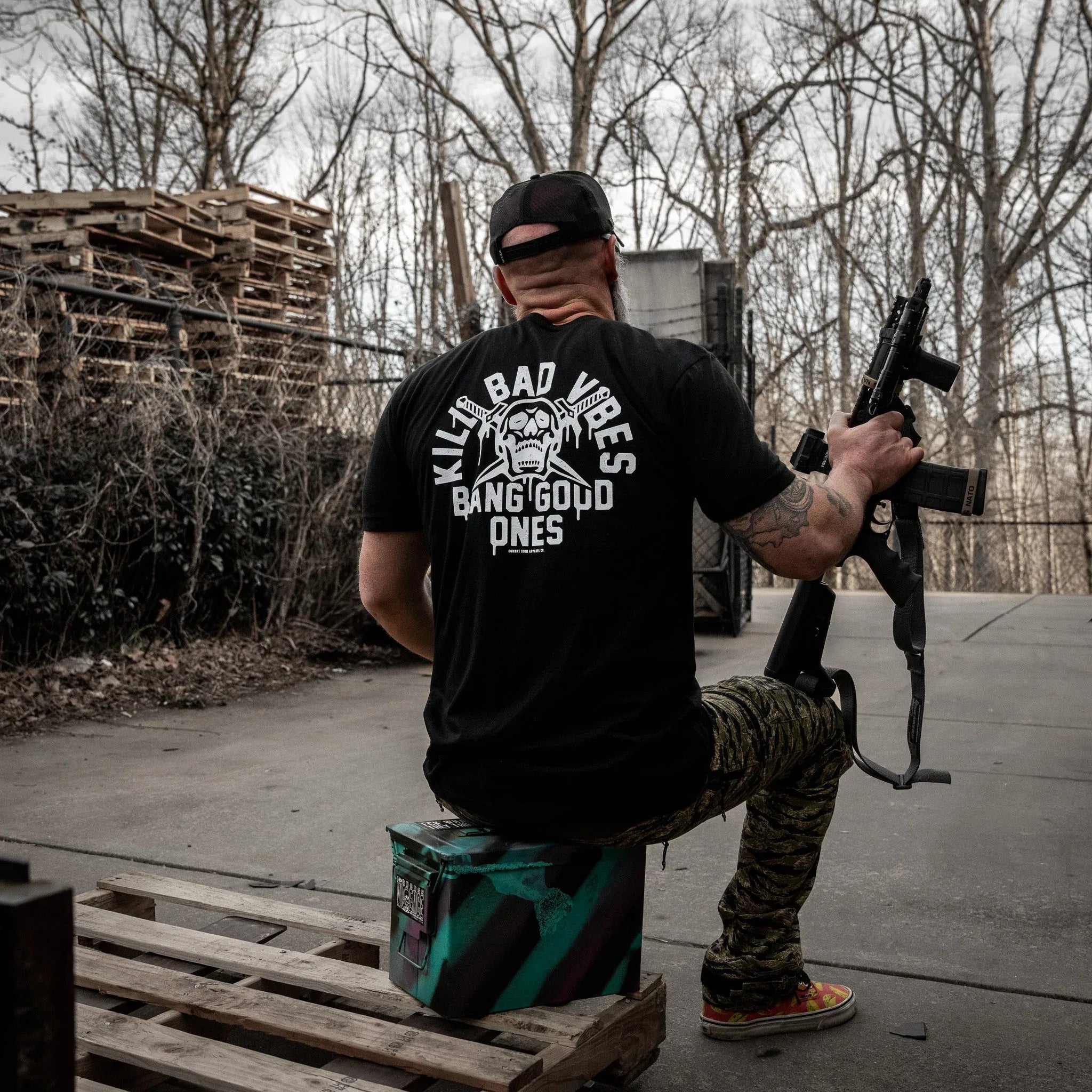 Kill Bad Vibes. Bang Good Ones Skull Men's T-Shirt - Combat Iron Apparel Co.