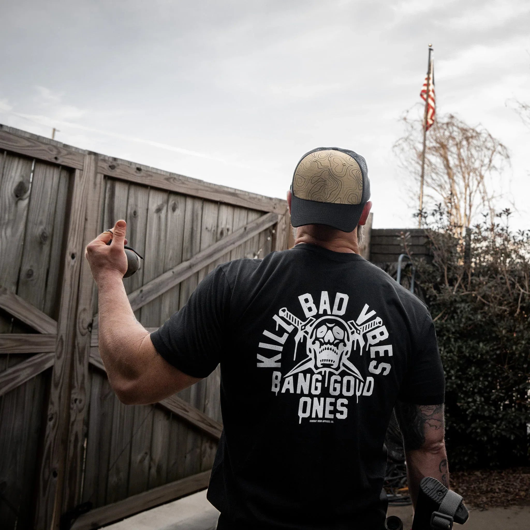 Kill Bad Vibes. Bang Good Ones Skull Men's T-Shirt - Combat Iron Apparel Co.