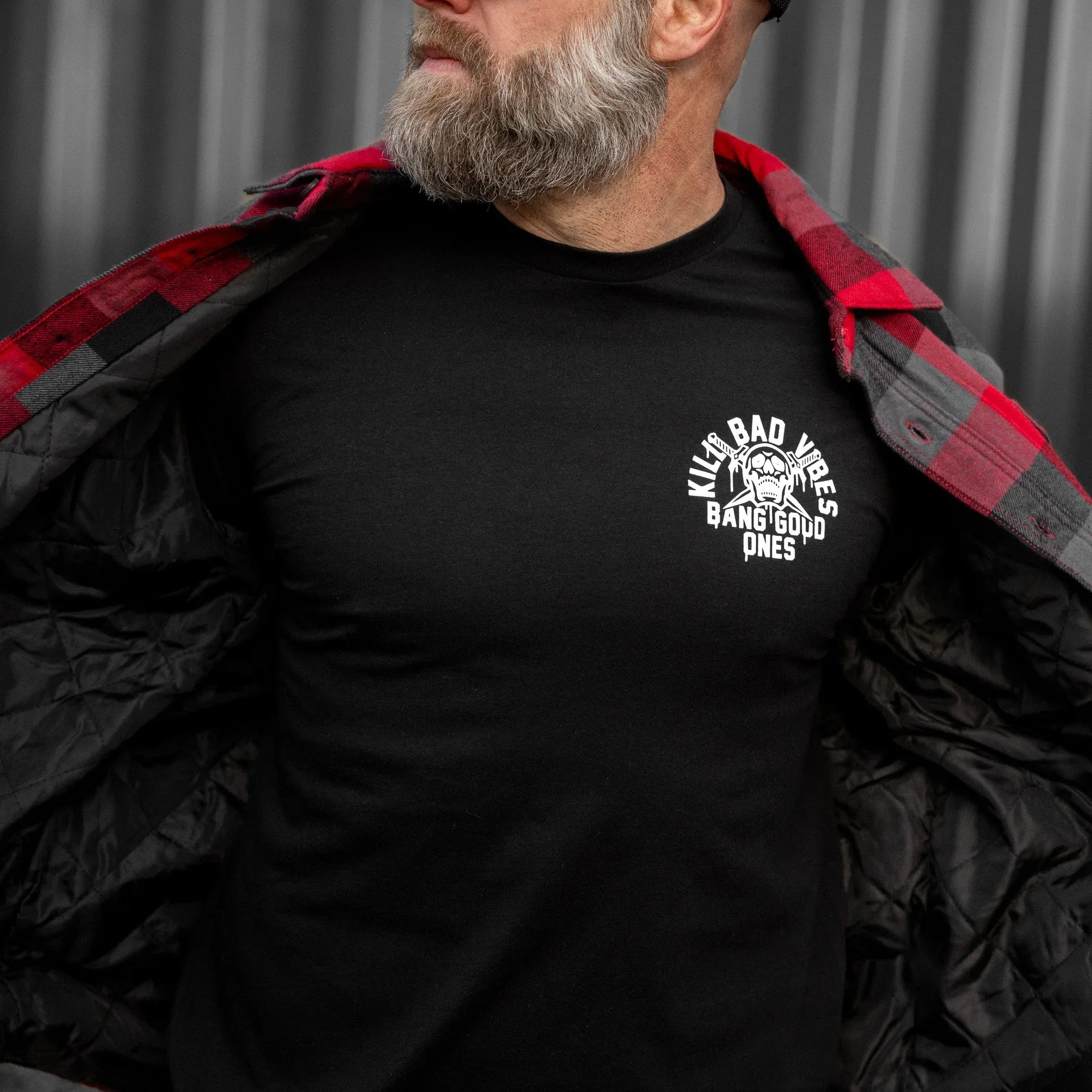 Kill Bad Vibes. Bang Good Ones Skull Men's T-Shirt - Combat Iron Apparel Co.