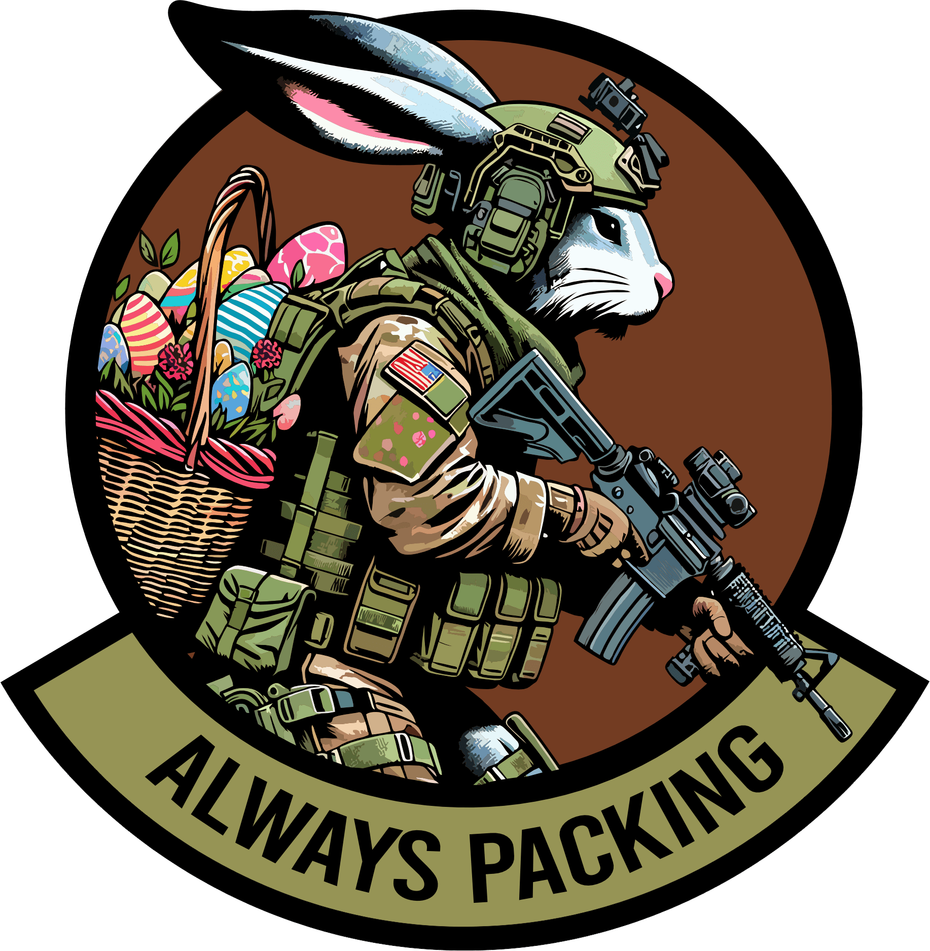STICKER - April 2024 POTM - 'Always Packing' - OCP Tactical Battle Bunny 4" sticker - Bad Bunny Collection
