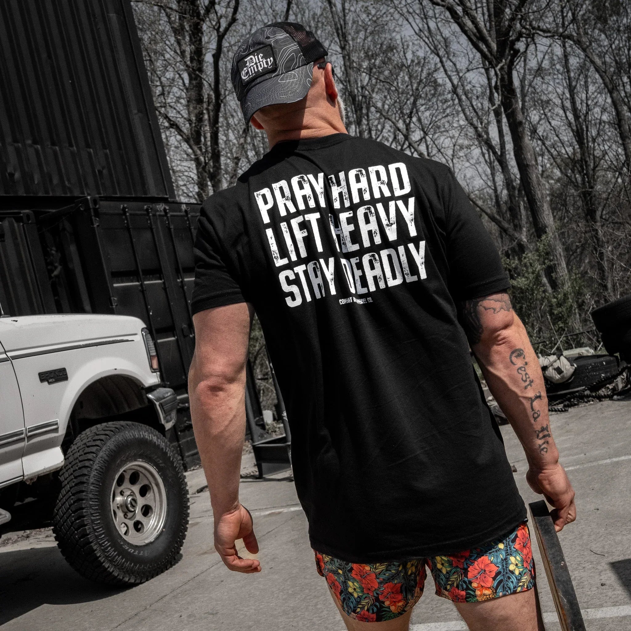 Pray Hard. Lift Heavy. Stay Deadly. V2 Men's T-Shirt - Combat Iron Apparel Co.
