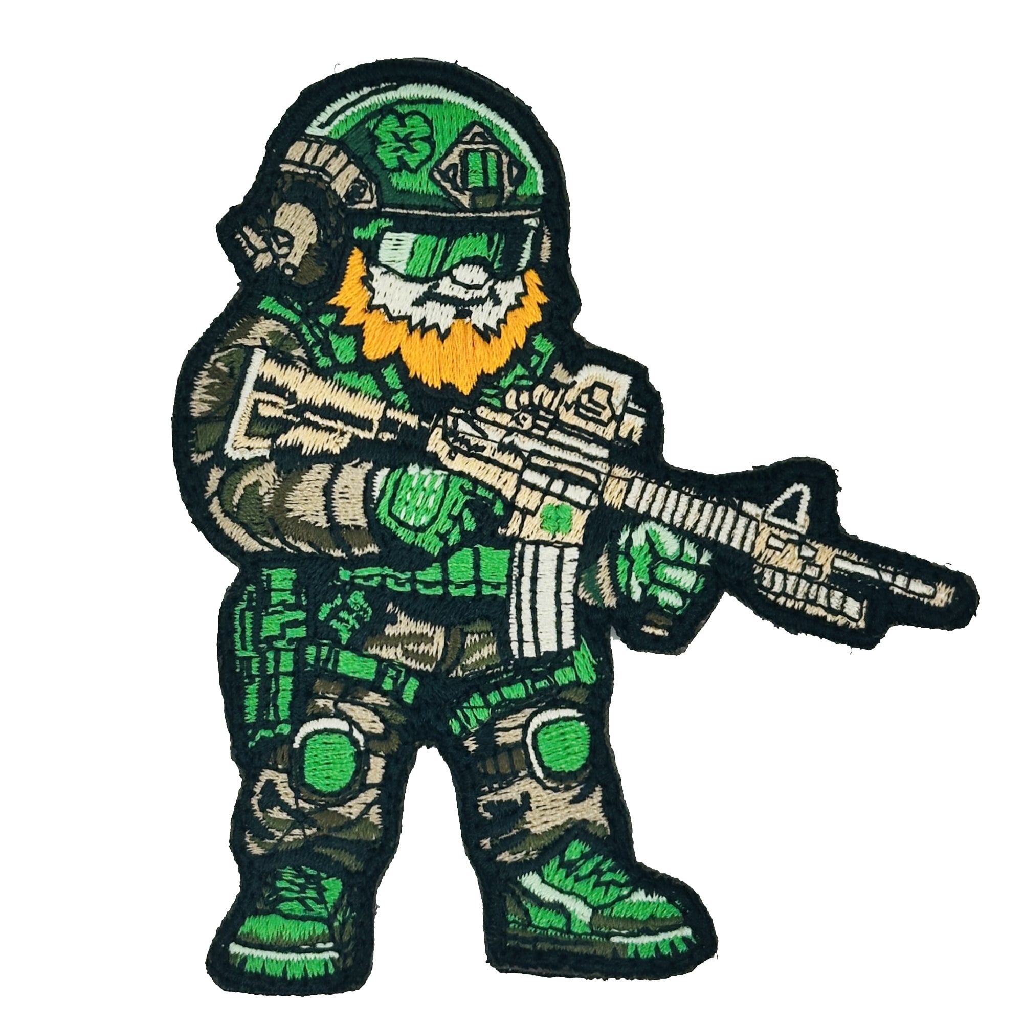 Tactical Leprechaun Patch AR15 Cut to Shape wearing Green Tactical Gear - 4" Embroidered Patch
