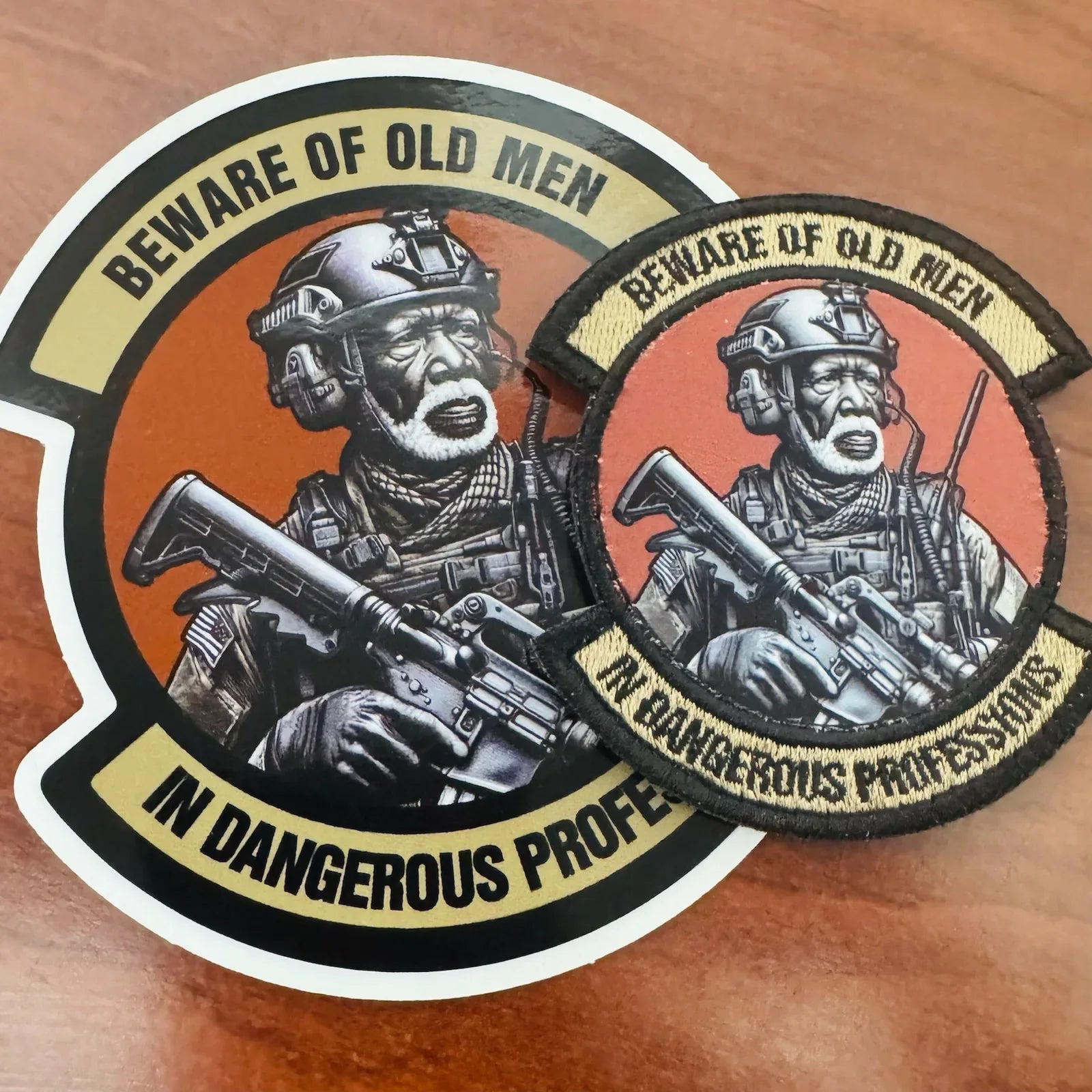 Beware of Old Men - in Dangerous Professions - African American - 3" Embroidered/Sublimated Patch & Sticker Combo