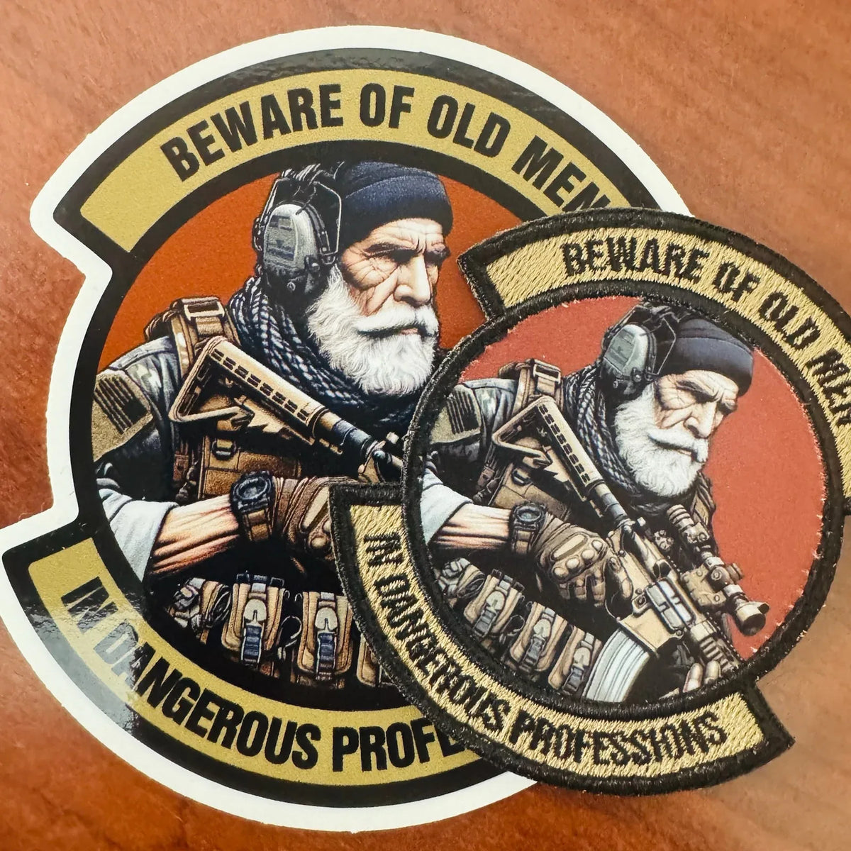 Tactical Gear Junkie Patches Beware of Old Men - in Dangerous Professions - Caucasian - 3" Embroidered/Sublimated Patch & Sticker Combo