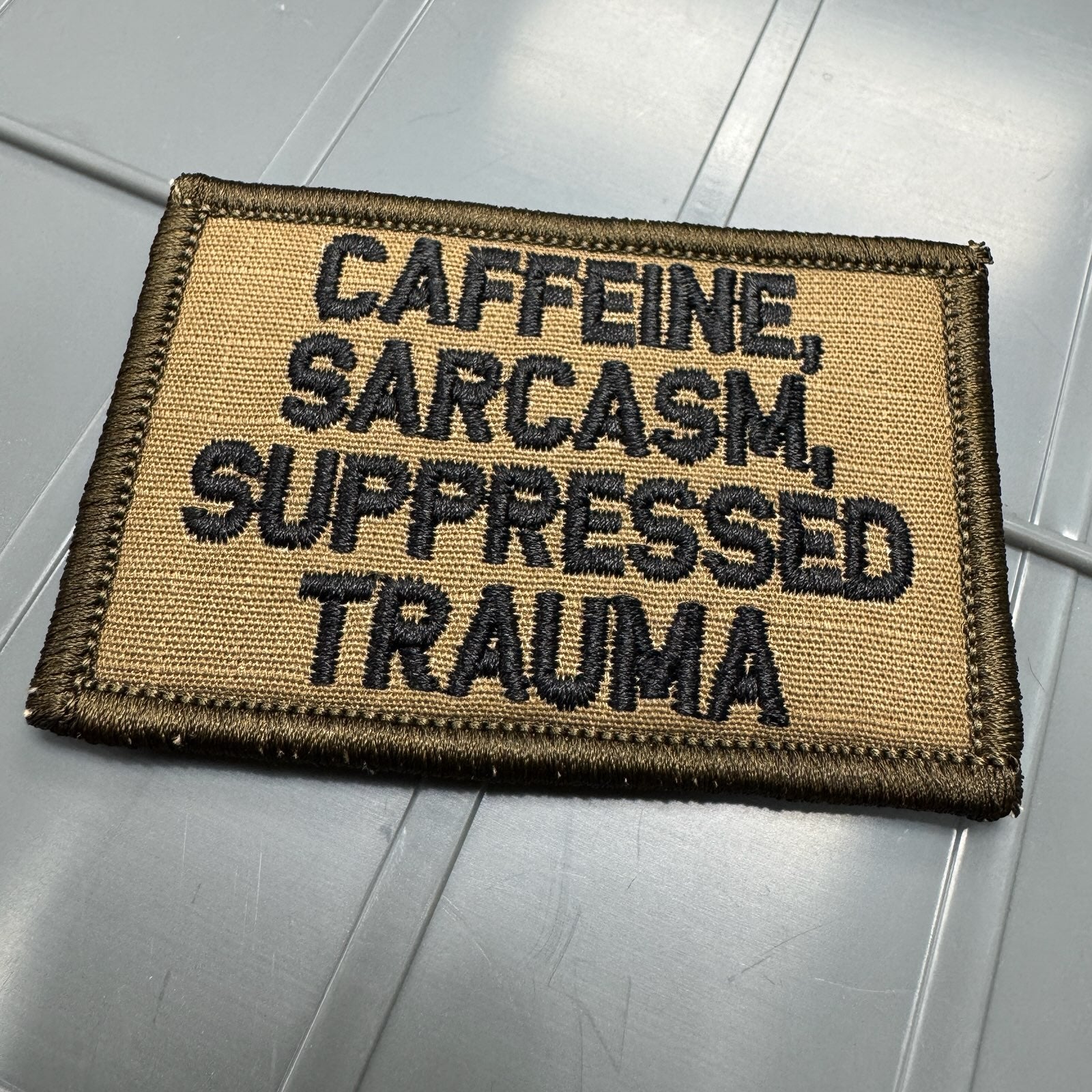 As Seen on Socials - Caffeine, Sarcasm, Suppressed Trauma - 2x3 Patch - Coyote w/Black