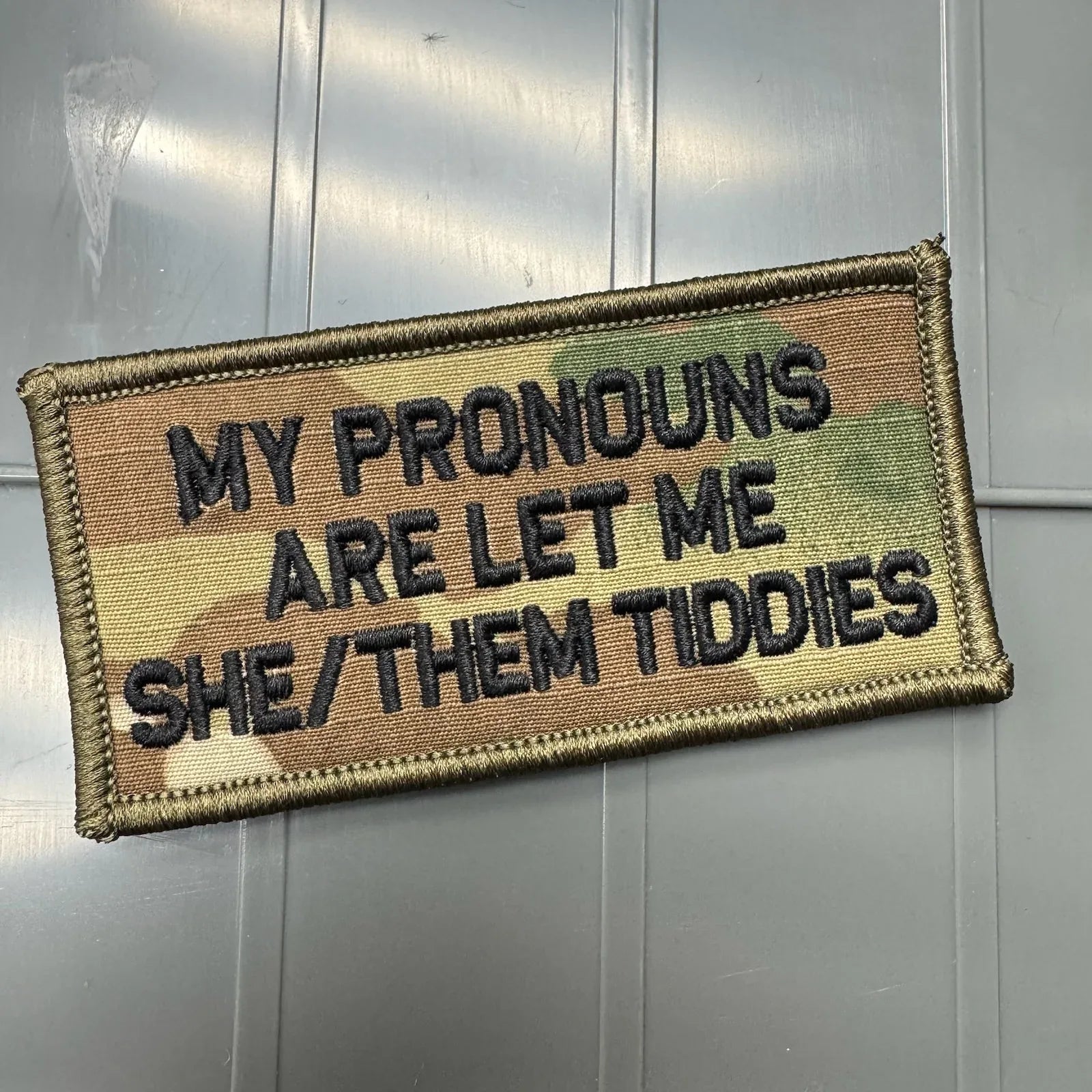 As Seen on Socials - My Pronouns Are Let Me She/Them Tiddies - 2x4 Patch - Multicam w/Black