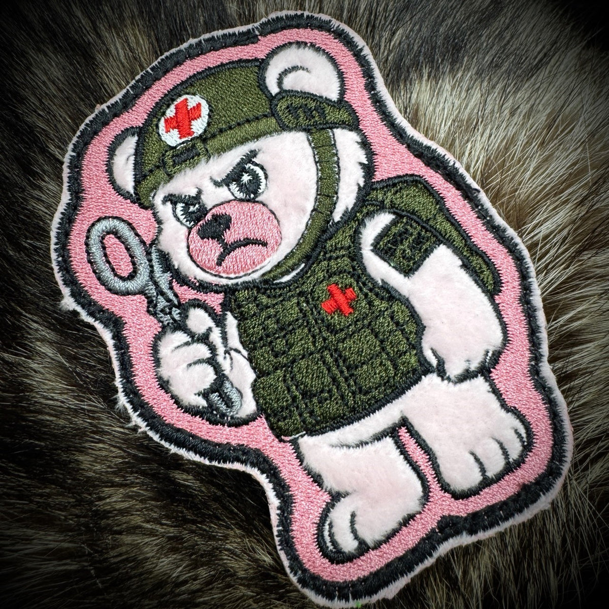 Dead Inside Bear - IDFC BEARS - 4" Fuzzy Embroidered Patch - Pink