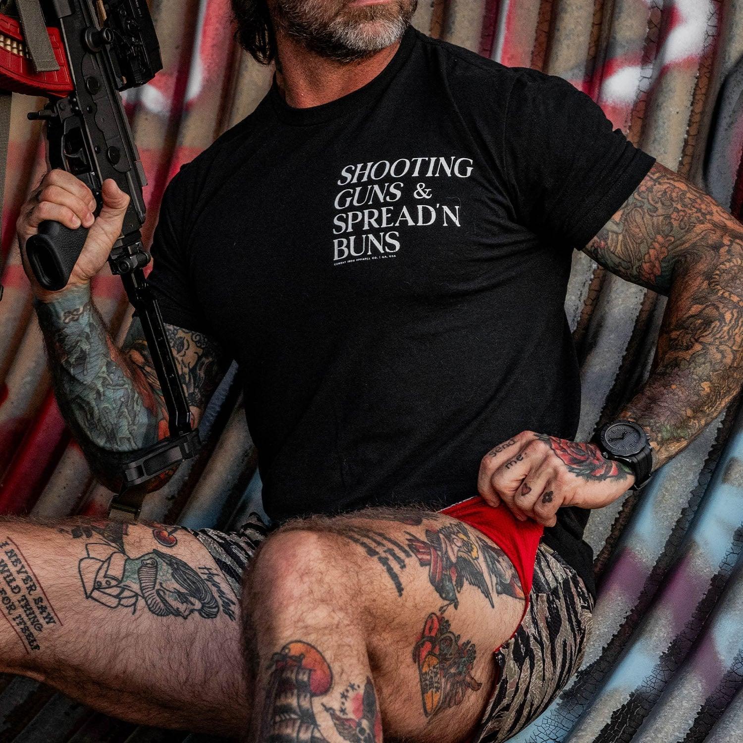 Shooting Guns & Spread'n Buns Men's T-Shirt - Combat Iron Apparel Co.