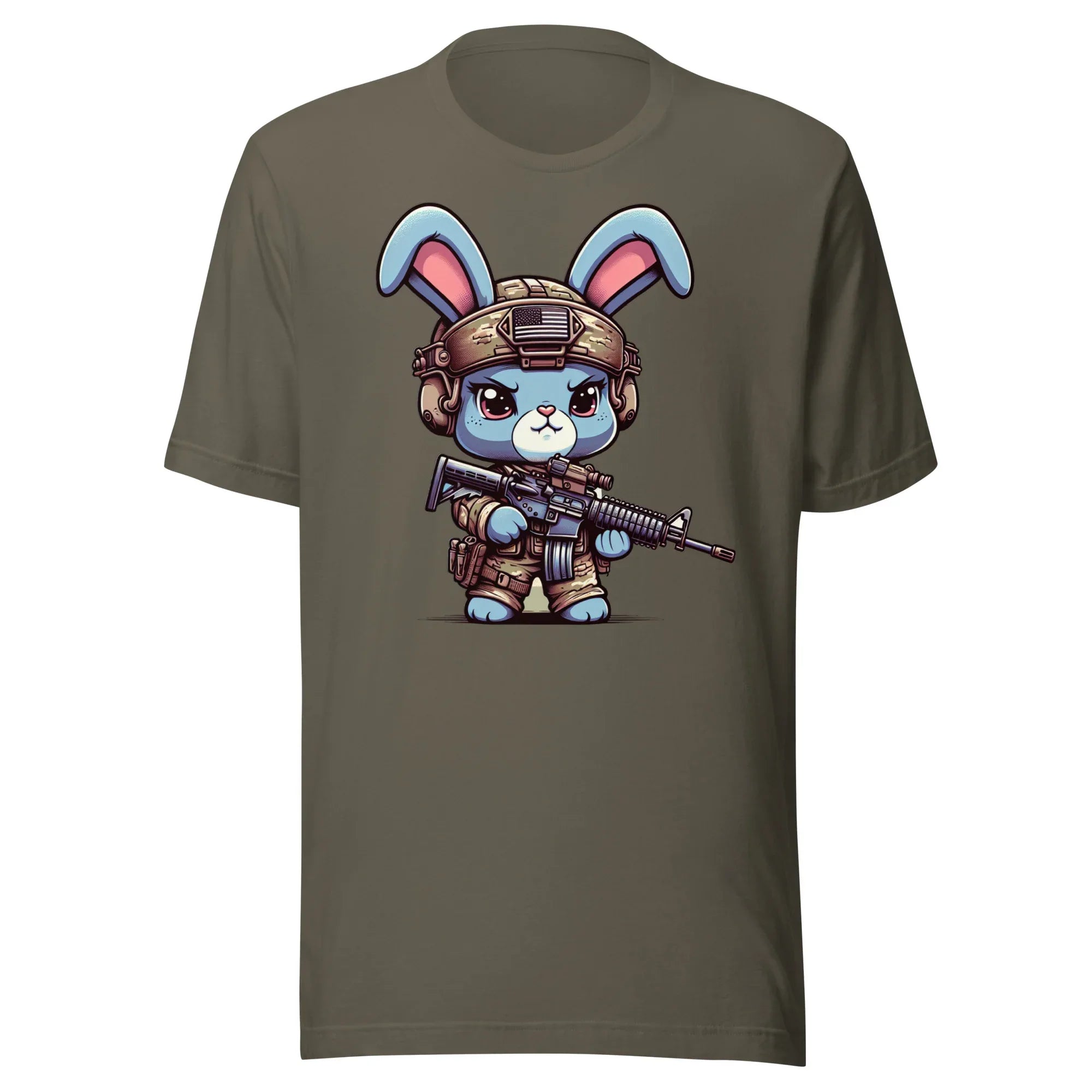 Tactical Cartoon Angry Bunny Carrying an AR15 Rifle - Mini Morale - Unisex T-Shirt Bad Bunny Collection