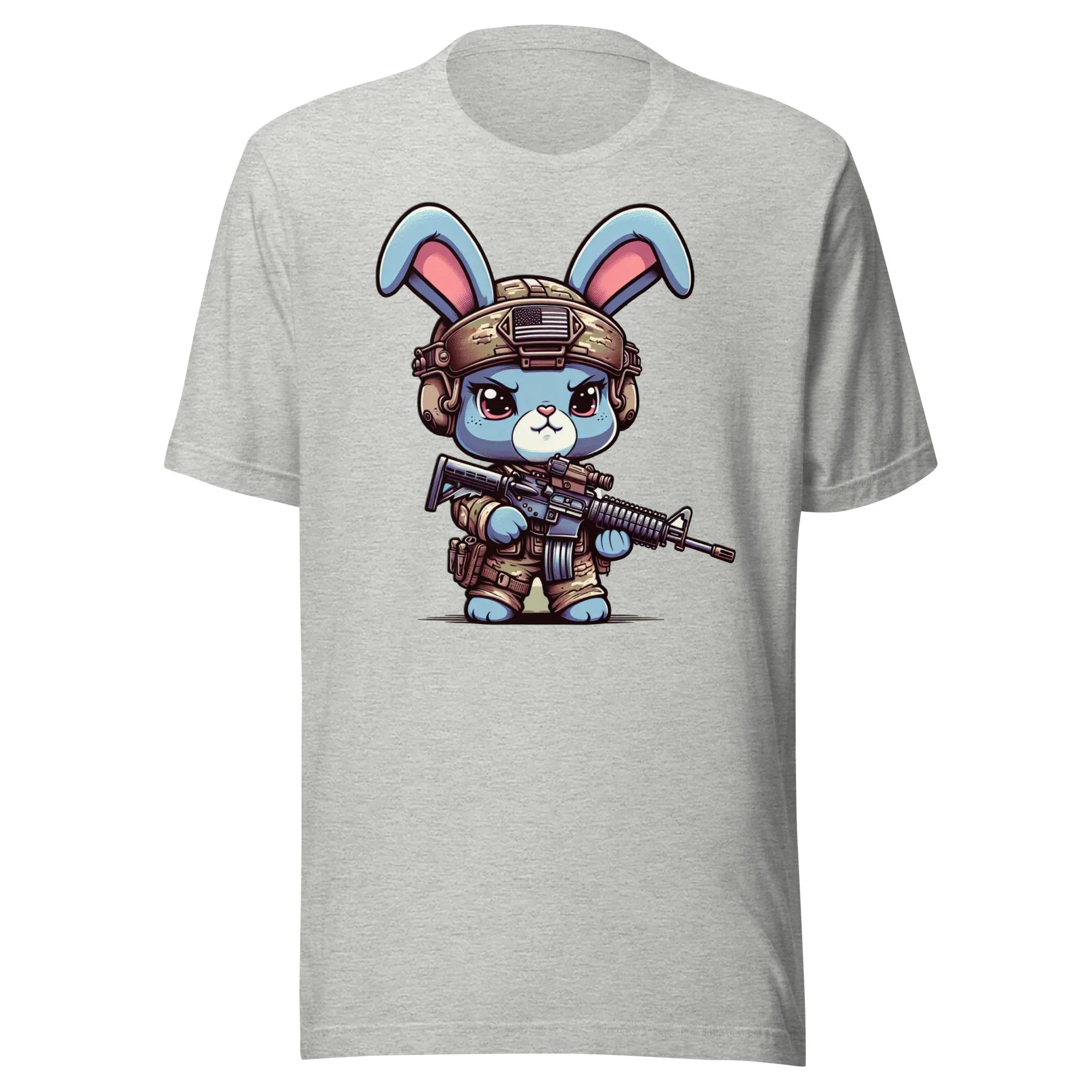 Tactical Cartoon Angry Bunny Carrying an AR15 Rifle - Mini Morale - Unisex T-Shirt Bad Bunny Collection