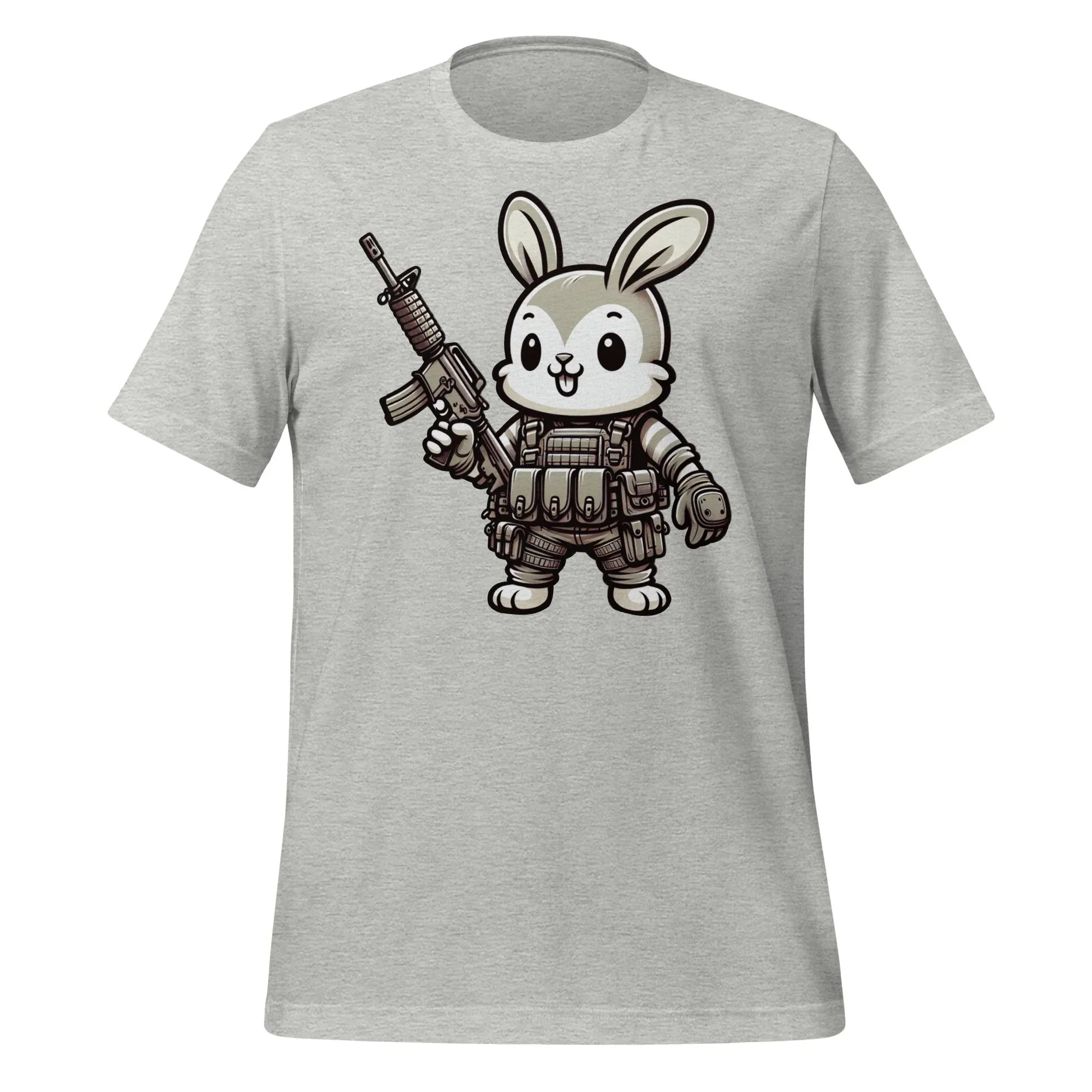 Tactical Cartoon Happy Battle Bunny Carrying an AR15 Rifle - Mini Morale - Unisex T-Shirt Bad Bunny Collection
