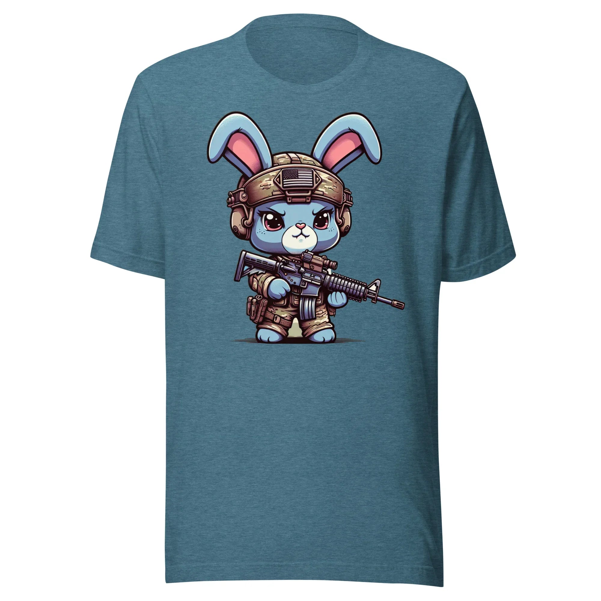 Tactical Cartoon Angry Bunny Carrying an AR15 Rifle - Mini Morale - Unisex T-Shirt Bad Bunny Collection