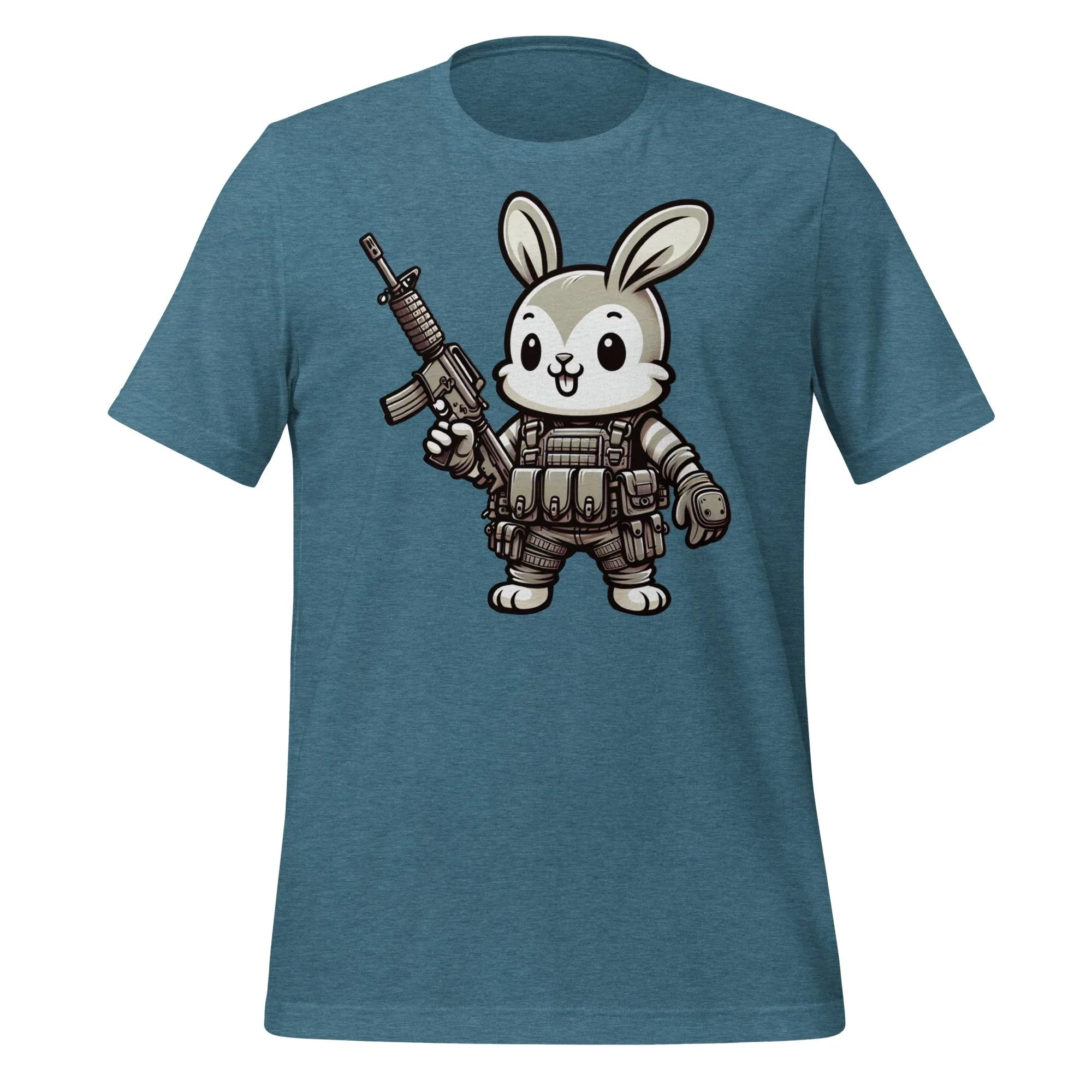 Tactical Cartoon Happy Battle Bunny Carrying an AR15 Rifle - Mini Morale - Unisex T-Shirt Bad Bunny Collection