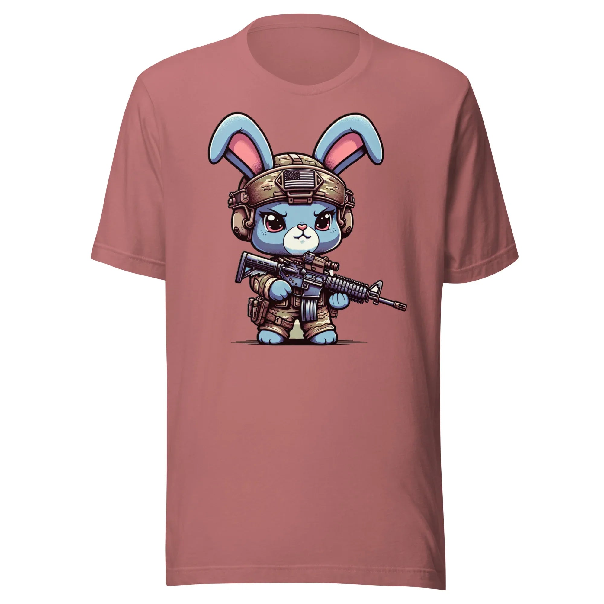 Tactical Cartoon Angry Bunny Carrying an AR15 Rifle - Mini Morale - Unisex T-Shirt Bad Bunny Collection