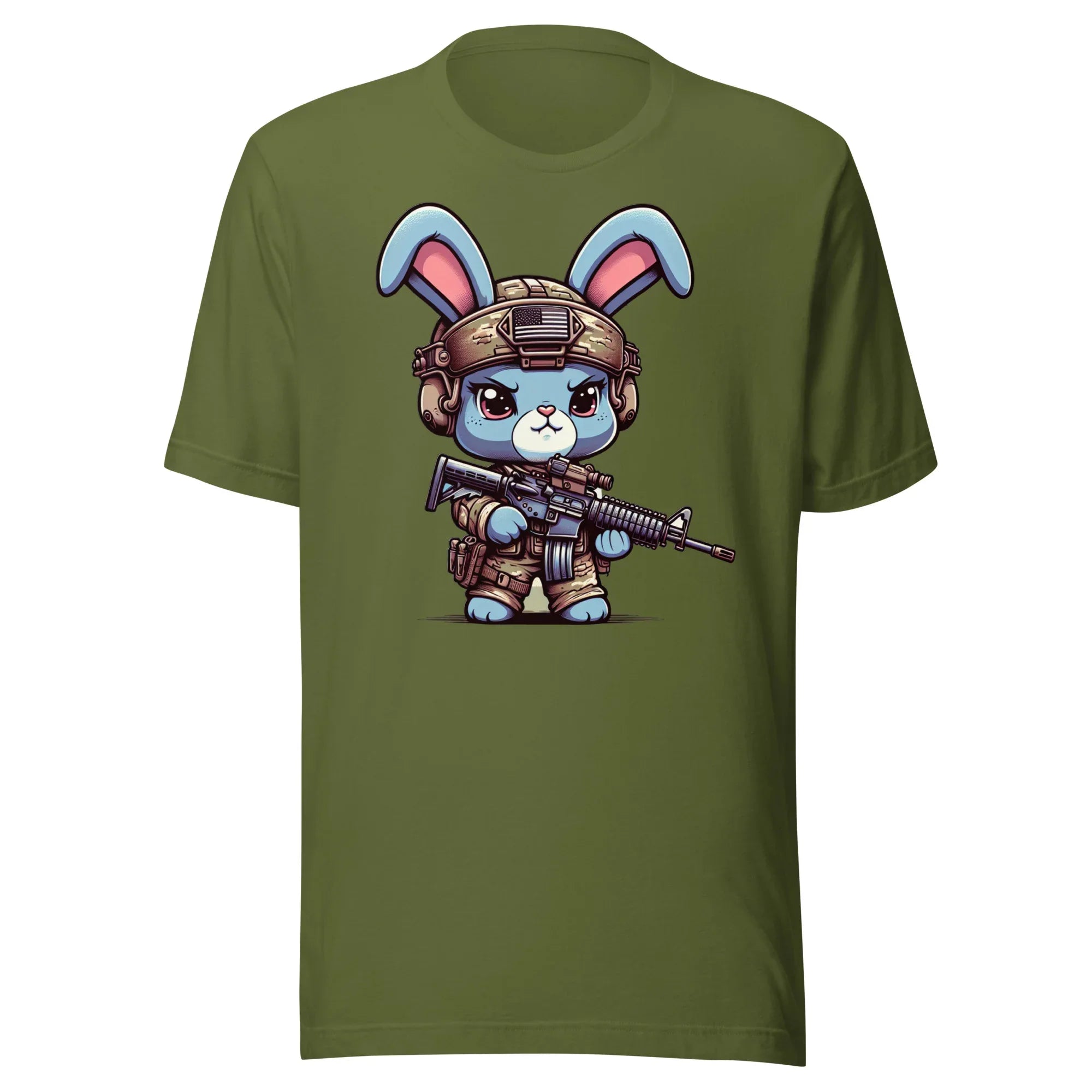 Tactical Cartoon Angry Bunny Carrying an AR15 Rifle - Mini Morale - Unisex T-Shirt Bad Bunny Collection