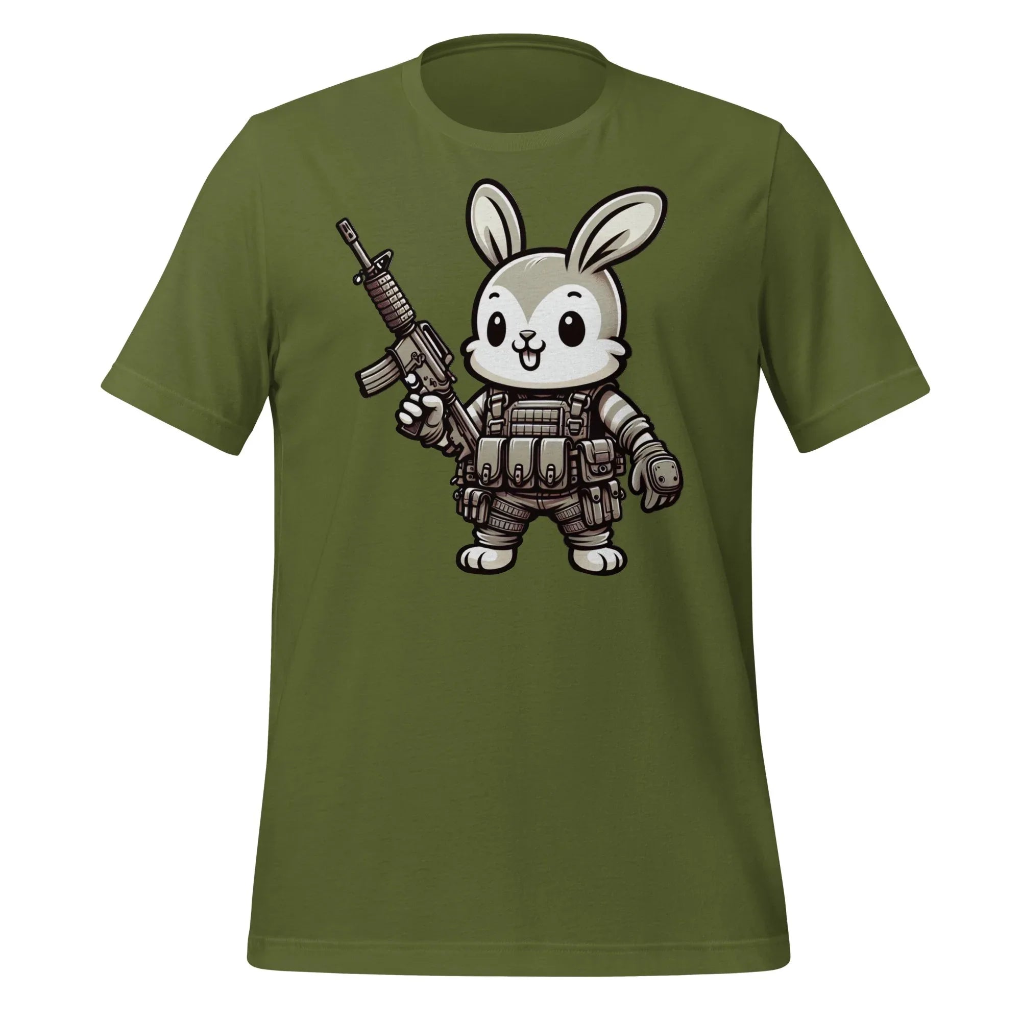 Tactical Cartoon Happy Battle Bunny Carrying an AR15 Rifle - Mini Morale - Unisex T-Shirt Bad Bunny Collection