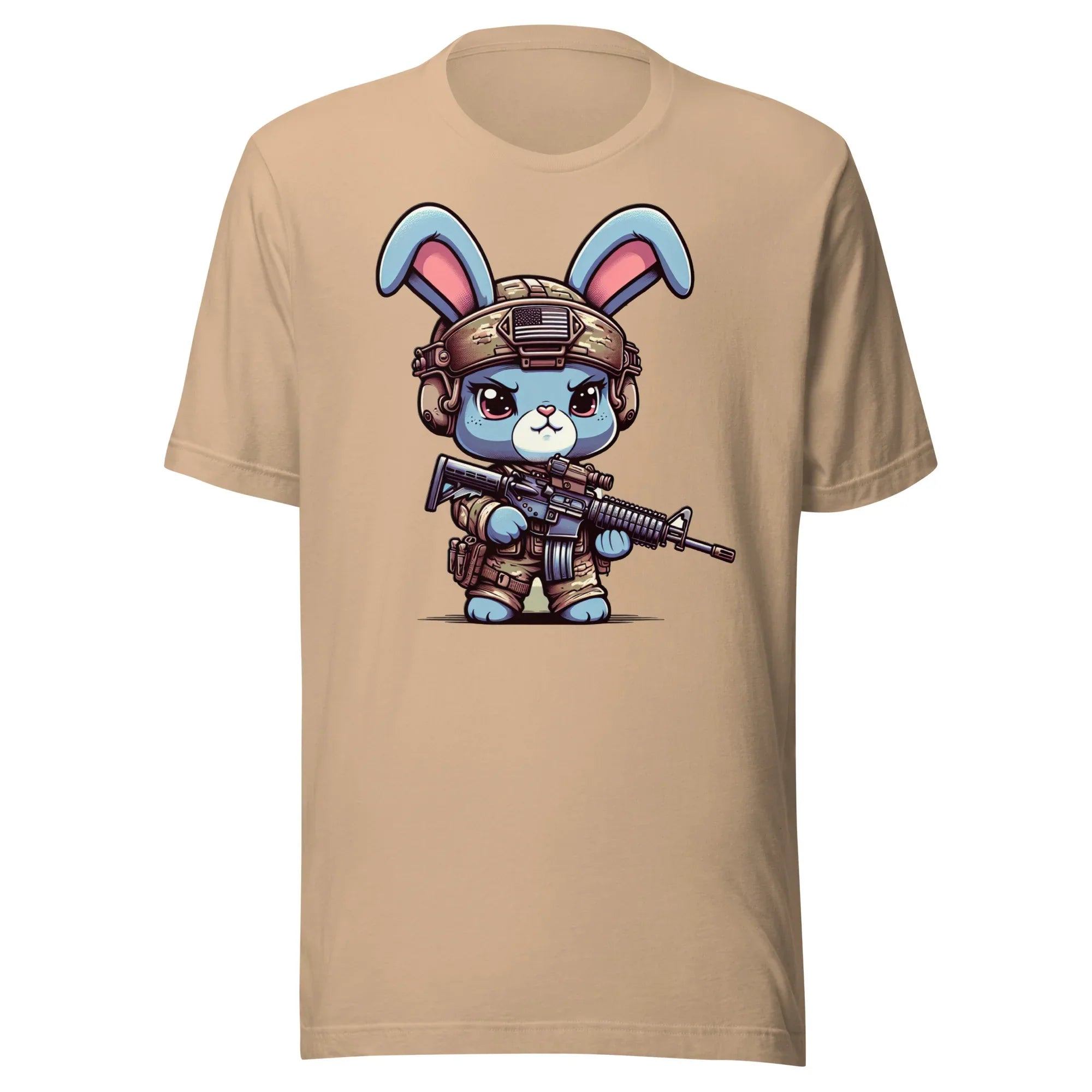 Tactical Cartoon Angry Bunny Carrying an AR15 Rifle - Mini Morale - Unisex T-Shirt Bad Bunny Collection