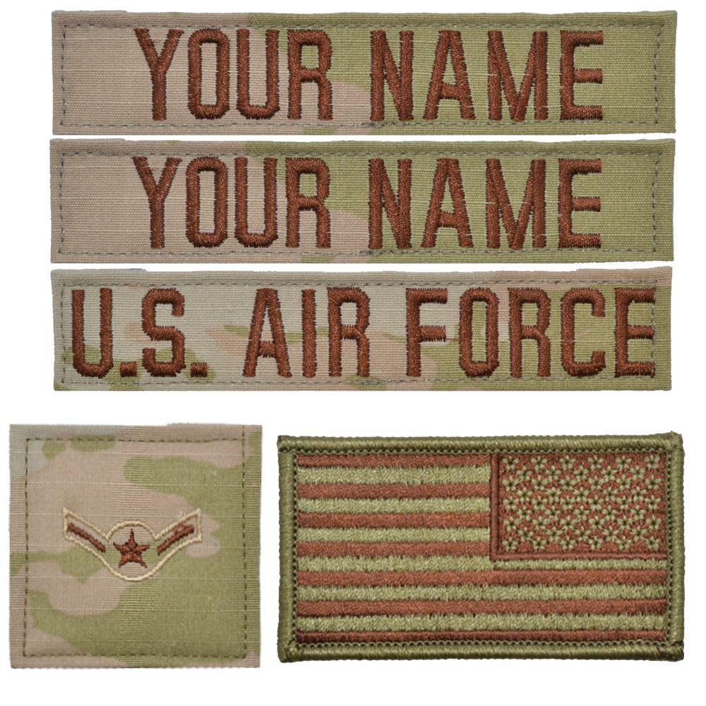 Tactical Gear Junkie Name Tapes 5 Piece Custom Air Force Name Tape & Rank Set USAF OCP Flag w/ Hook Fastener Backing - 3-Color OCP