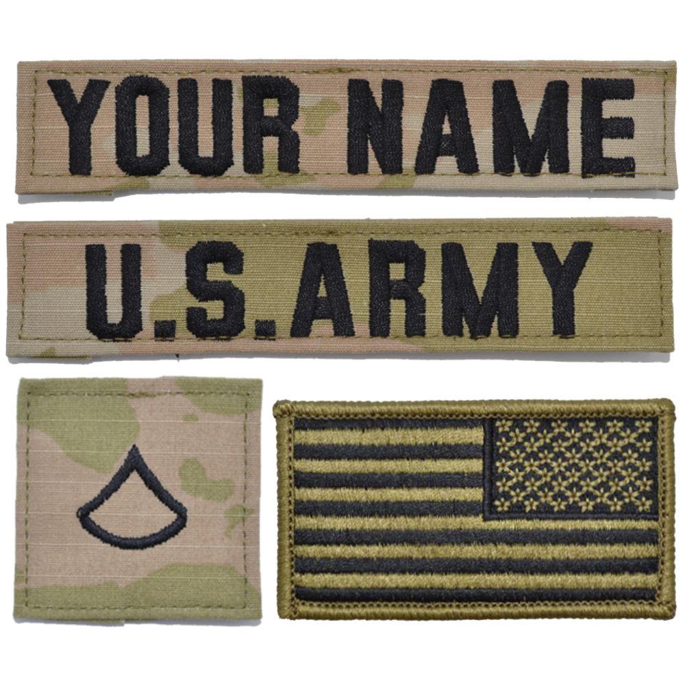 Tactical Gear Junkie Name Tapes 4 Piece Custom Army Name Tape & Rank Set OCP Flag w/ Hook Fastener Backing - 3-Color OCP