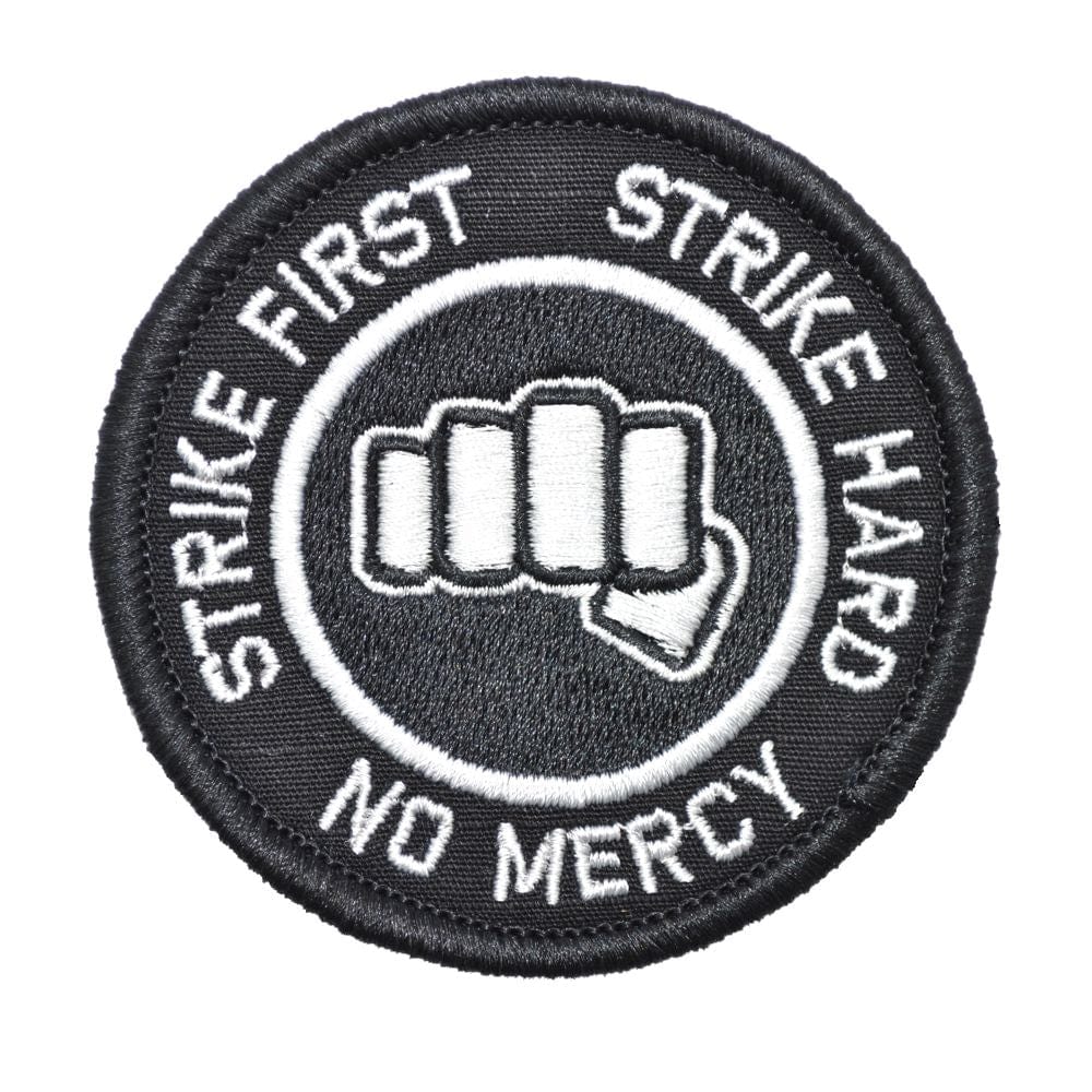 Tactical Gear Junkie Patches Black w/ White Strike First Strike Hard No Mercy - Cobra Kai Motto- 3 inch Round Patch
