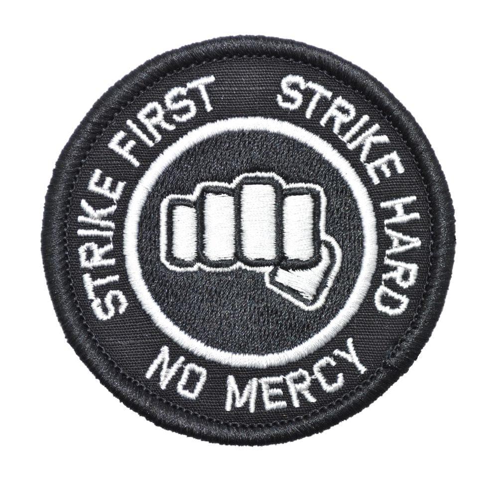 Tactical Gear Junkie Patches Black w/ White Strike First Strike Hard No Mercy - Cobra Kai Motto- 3 inch Round Patch