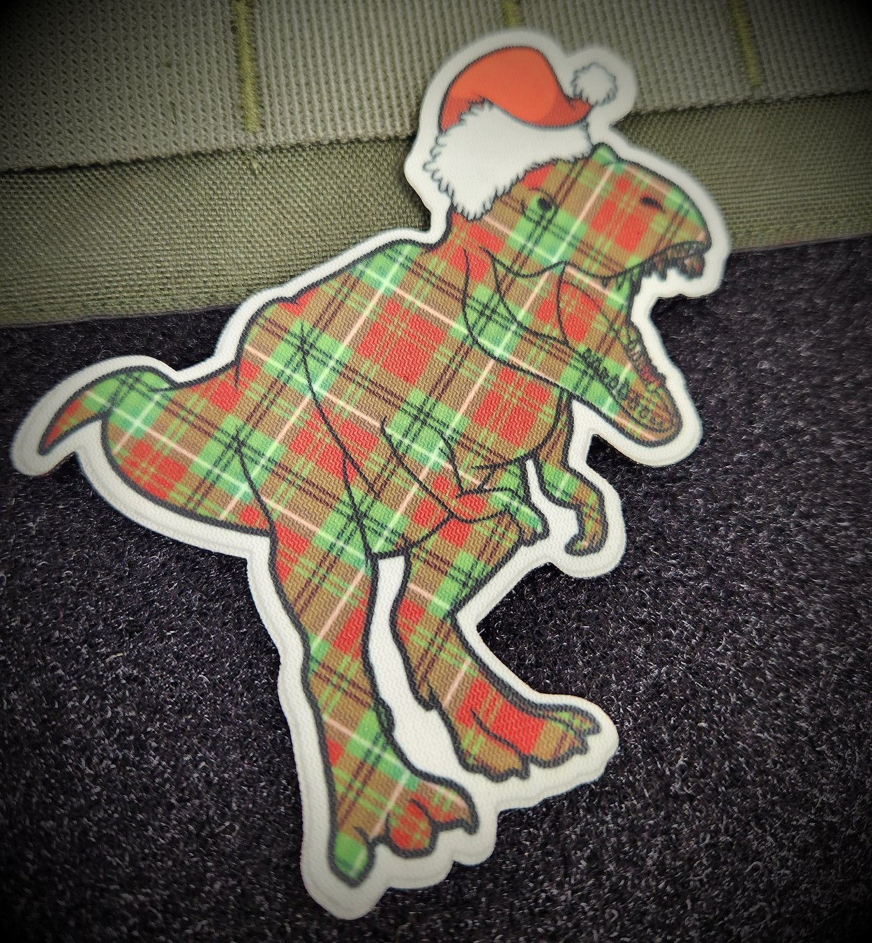 Christmas Hat Gift Wrapped Glow in the Dark Dinosaur T-Rex 4 inch Patch- Sublimated