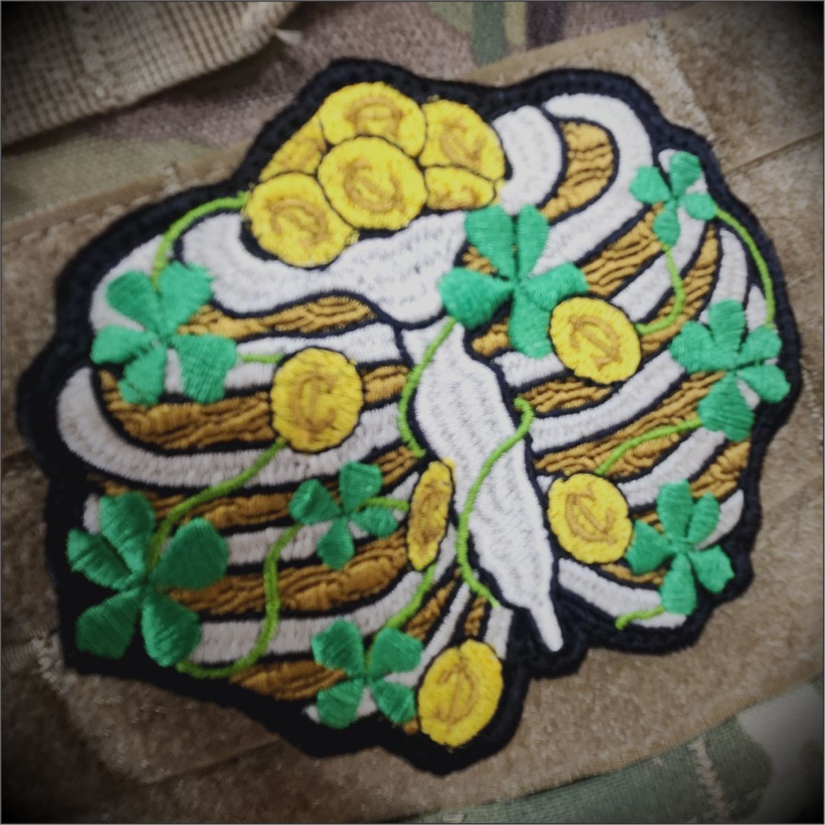 Ribcage Pot of Gold Coins 4 leaf clover - 4" Embroidered Patch - No Lucks Given Collection