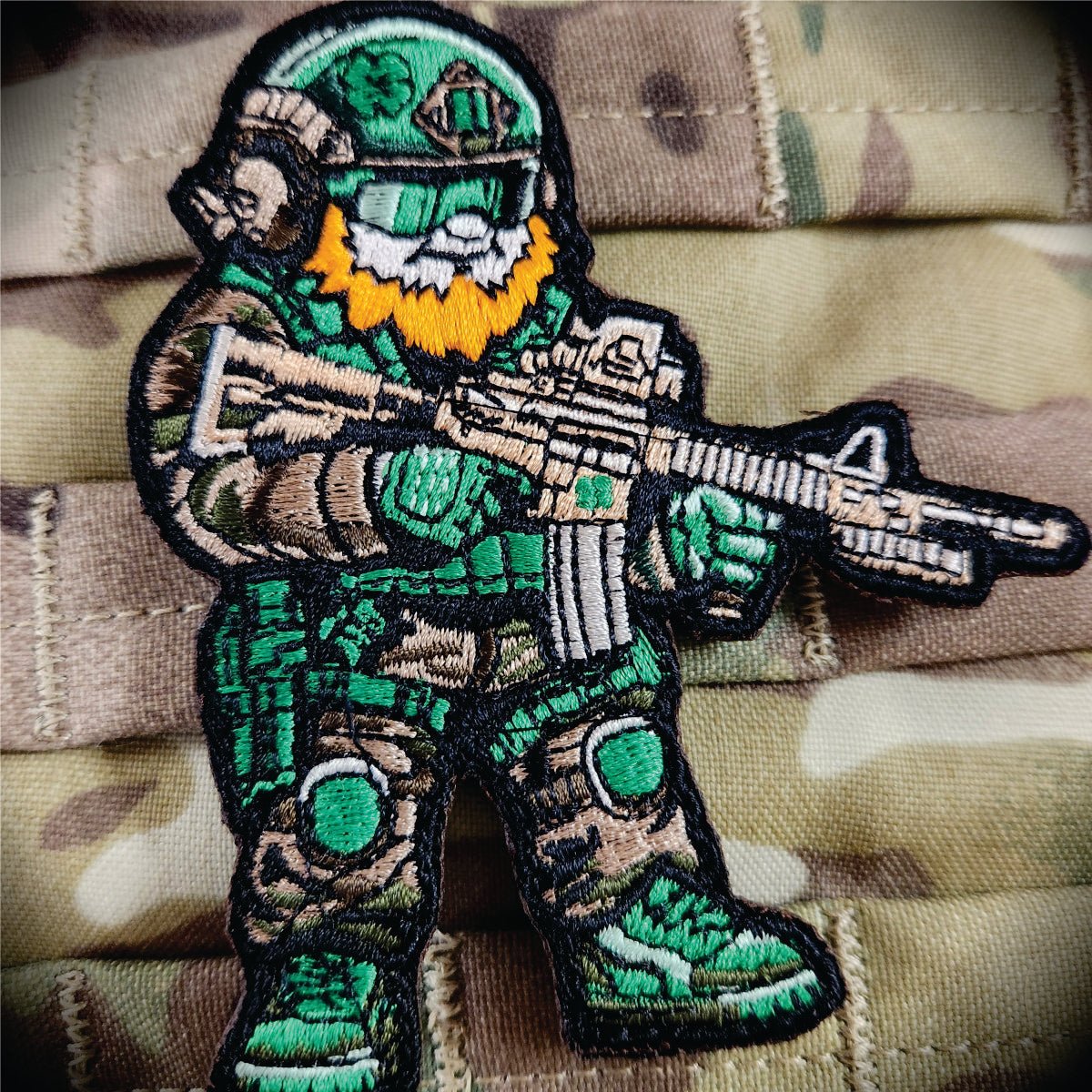 Tactical Leprechaun Patch AR15 Cut to Shape wearing Green Tactical Gear -  4 Embroidered Patch