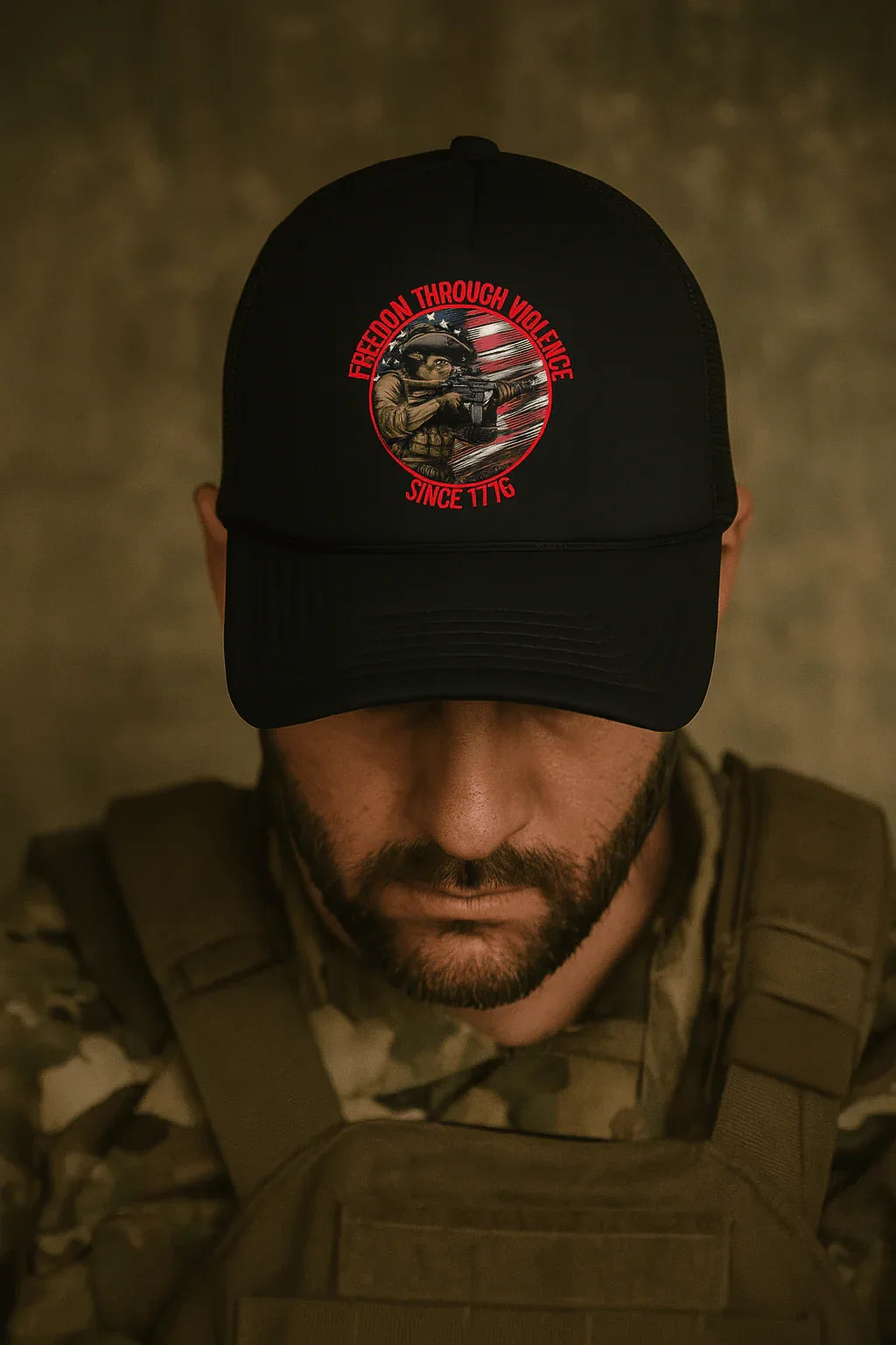 POTM July 2025 - Freedom Through Violence - Since 1776 - Adjustable foam trucker hat