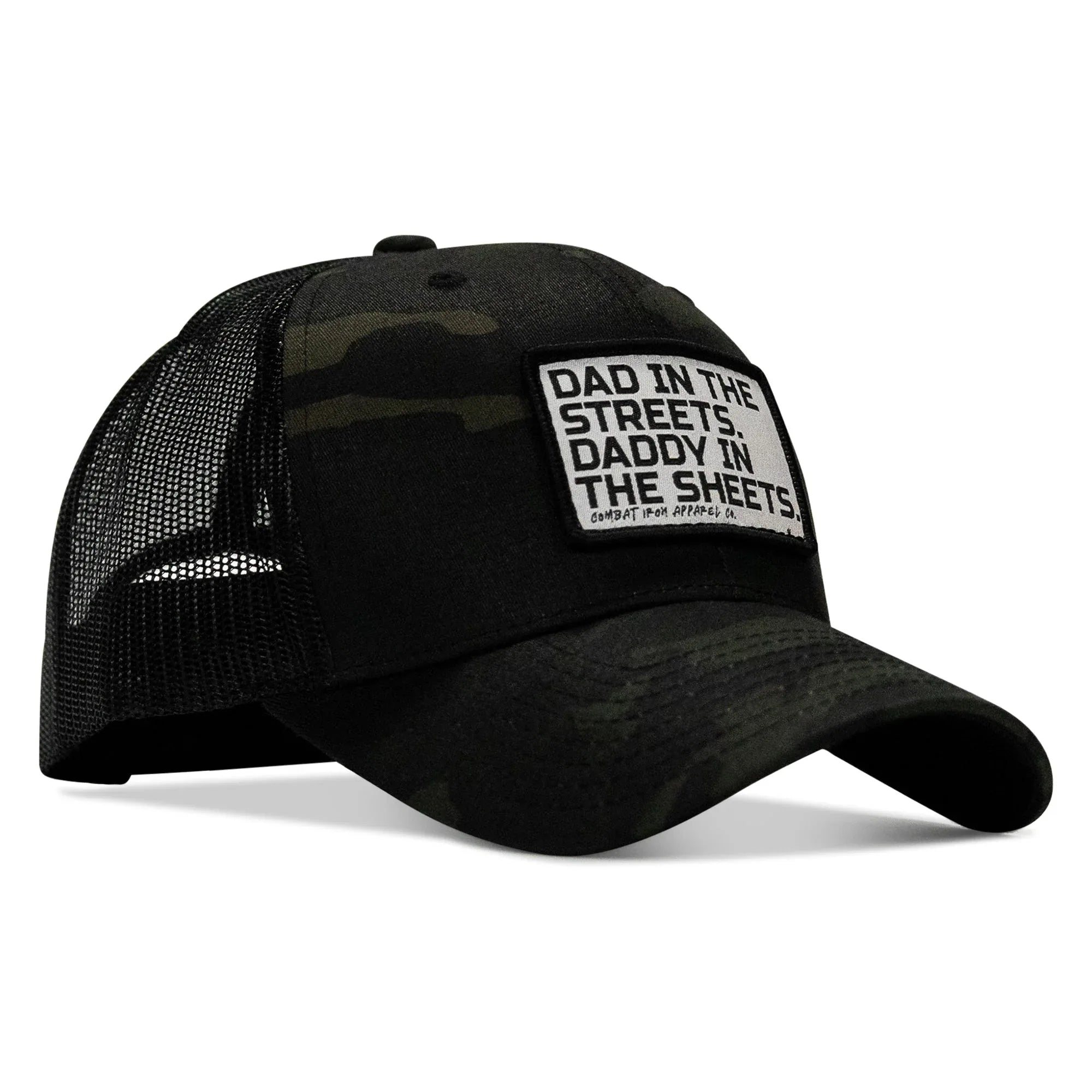 Dad In The Streets. Daddy In The Sheets. White Patch Snapback Hat - Combat Iron Apparel Co.