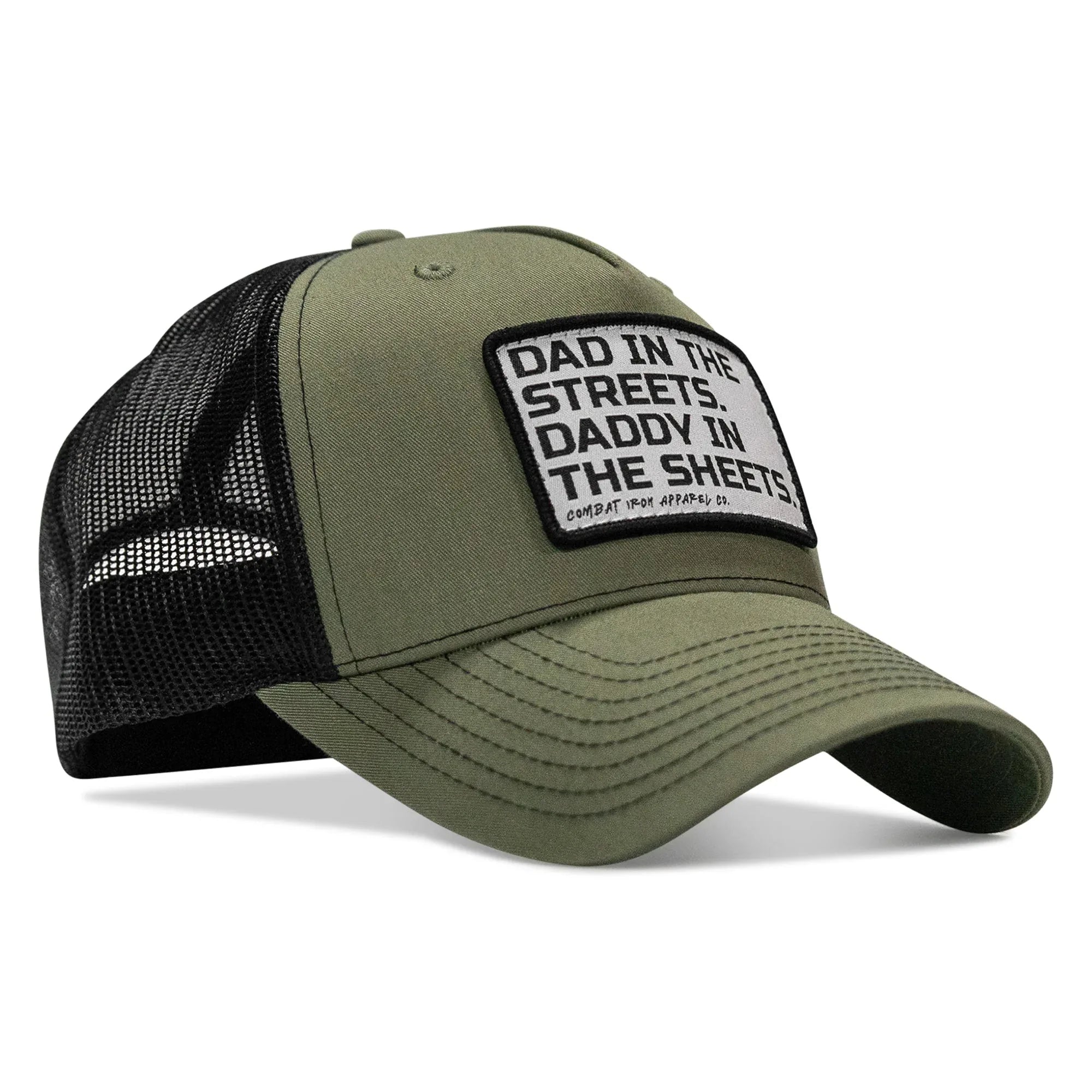 Dad In The Streets. Daddy In The Sheets. White Patch Snapback Hat - Combat Iron Apparel Co.