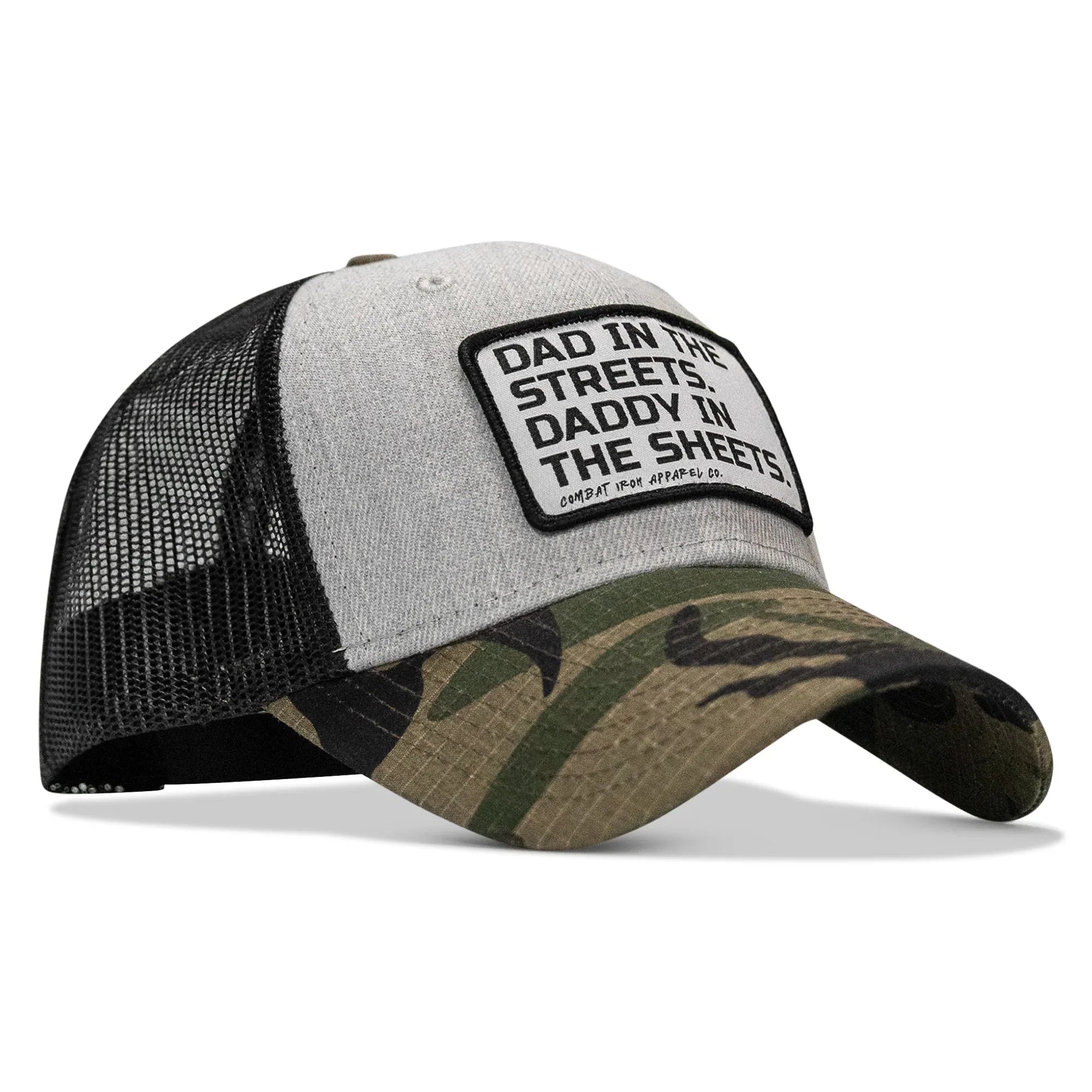 Dad In The Streets. Daddy In The Sheets. White Patch Snapback Hat - Combat Iron Apparel Co.
