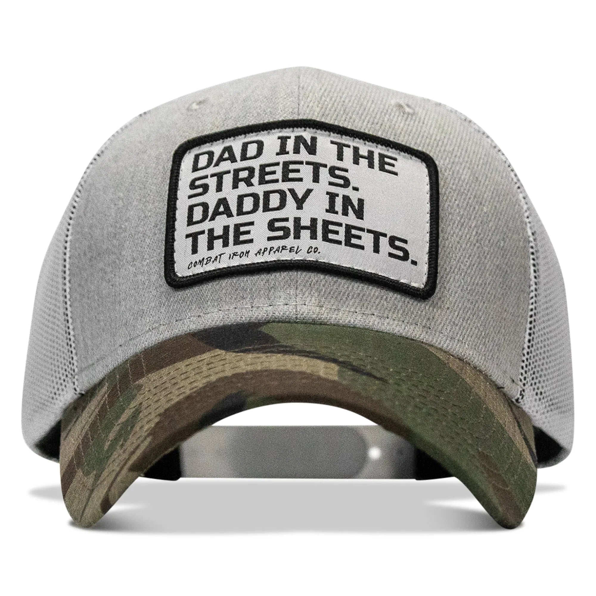 Dad In The Streets. Daddy In The Sheets. White Patch Snapback Hat - Combat Iron Apparel Co.