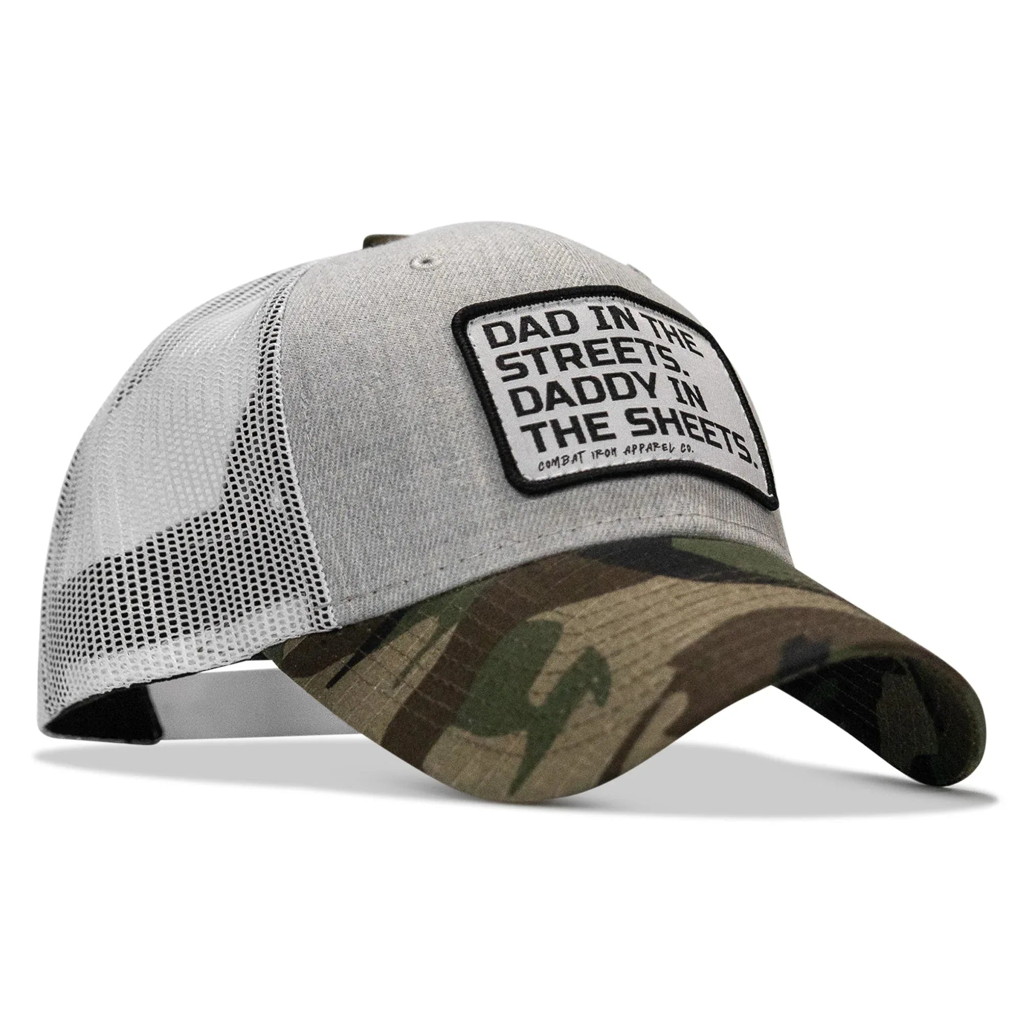 Dad In The Streets. Daddy In The Sheets. White Patch Snapback Hat - Combat Iron Apparel Co.