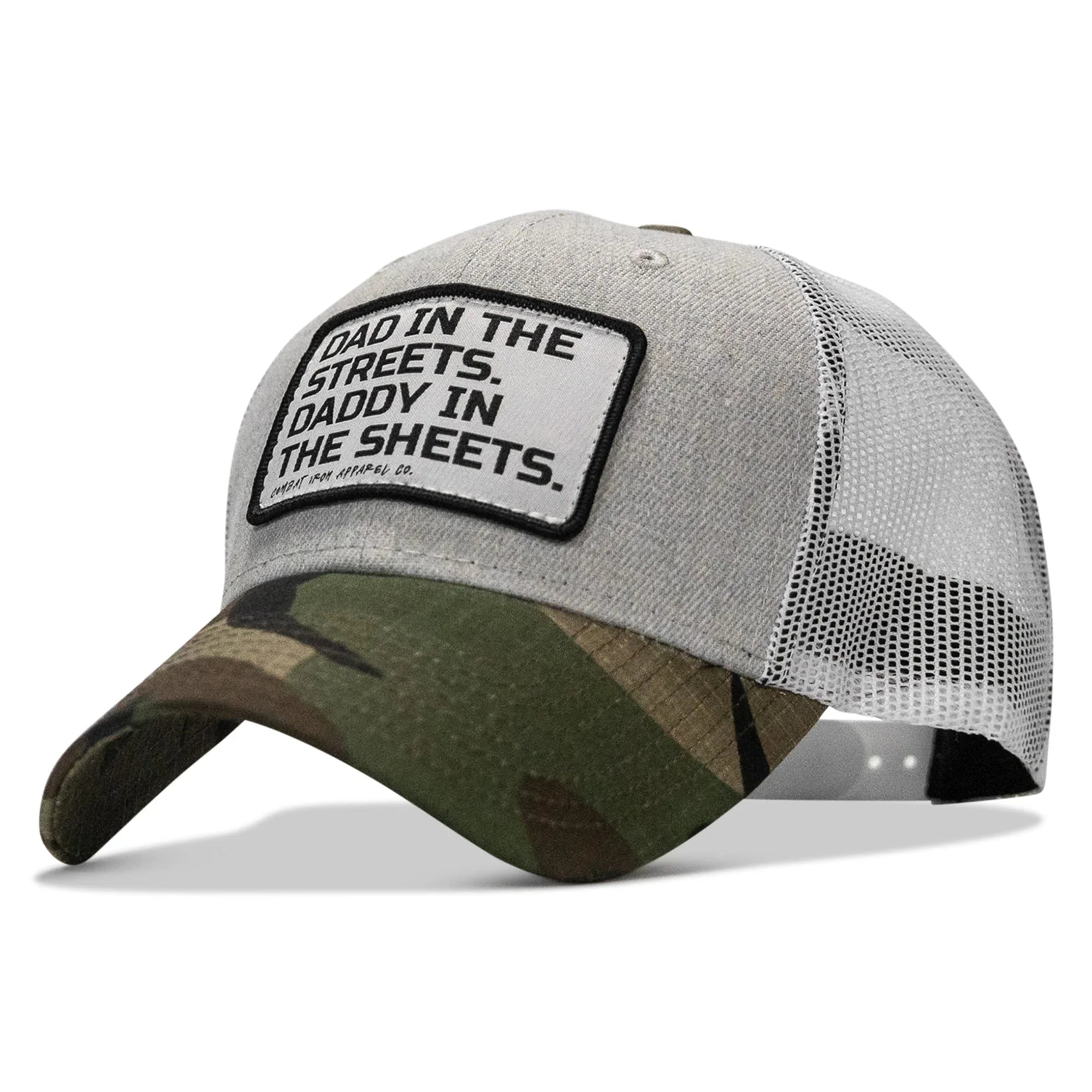 Dad In The Streets. Daddy In The Sheets. White Patch Snapback Hat - Combat Iron Apparel Co.