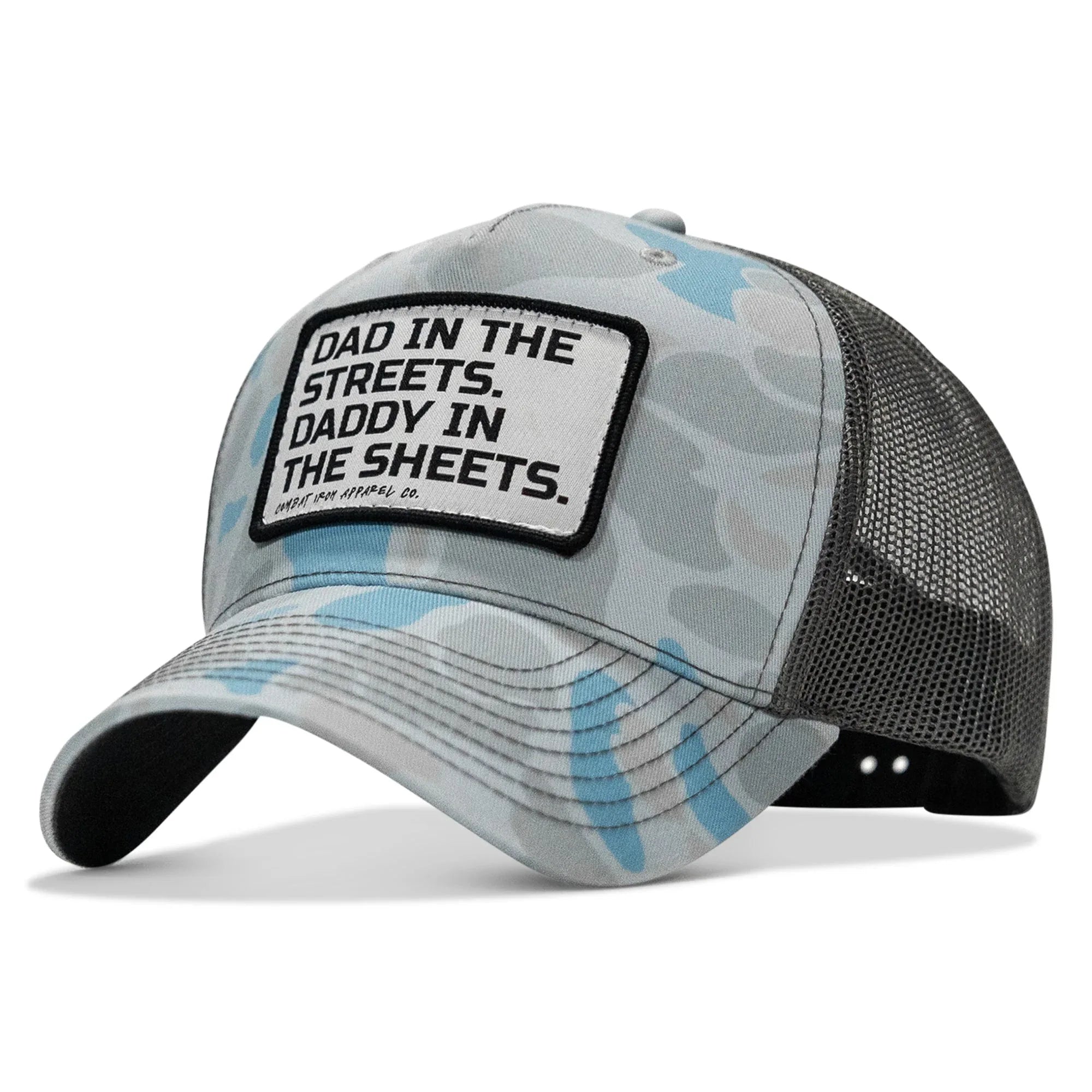 Dad In The Streets. Daddy In The Sheets. White Patch Snapback Hat - Combat Iron Apparel Co.
