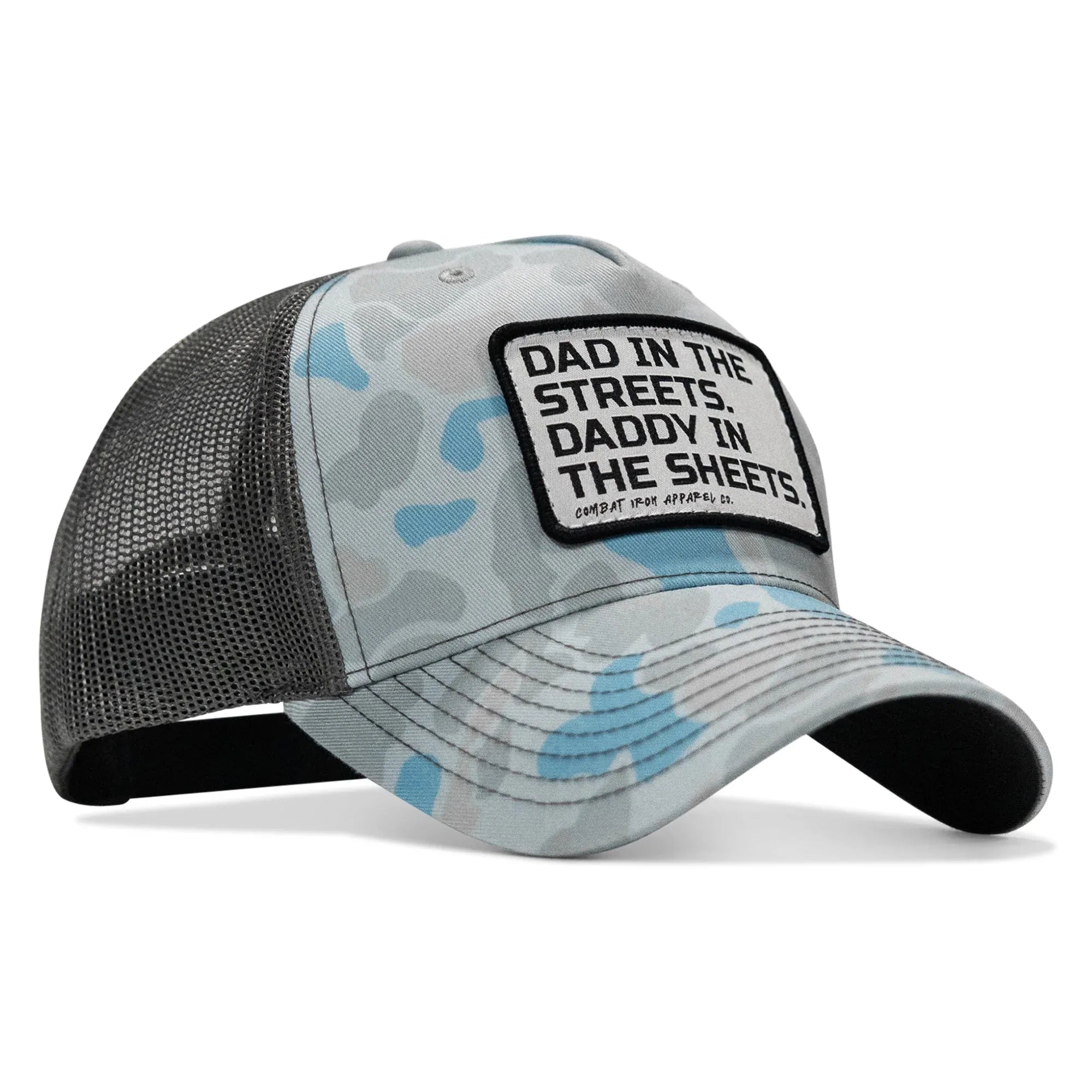 Dad In The Streets. Daddy In The Sheets. White Patch Snapback Hat - Combat Iron Apparel Co.