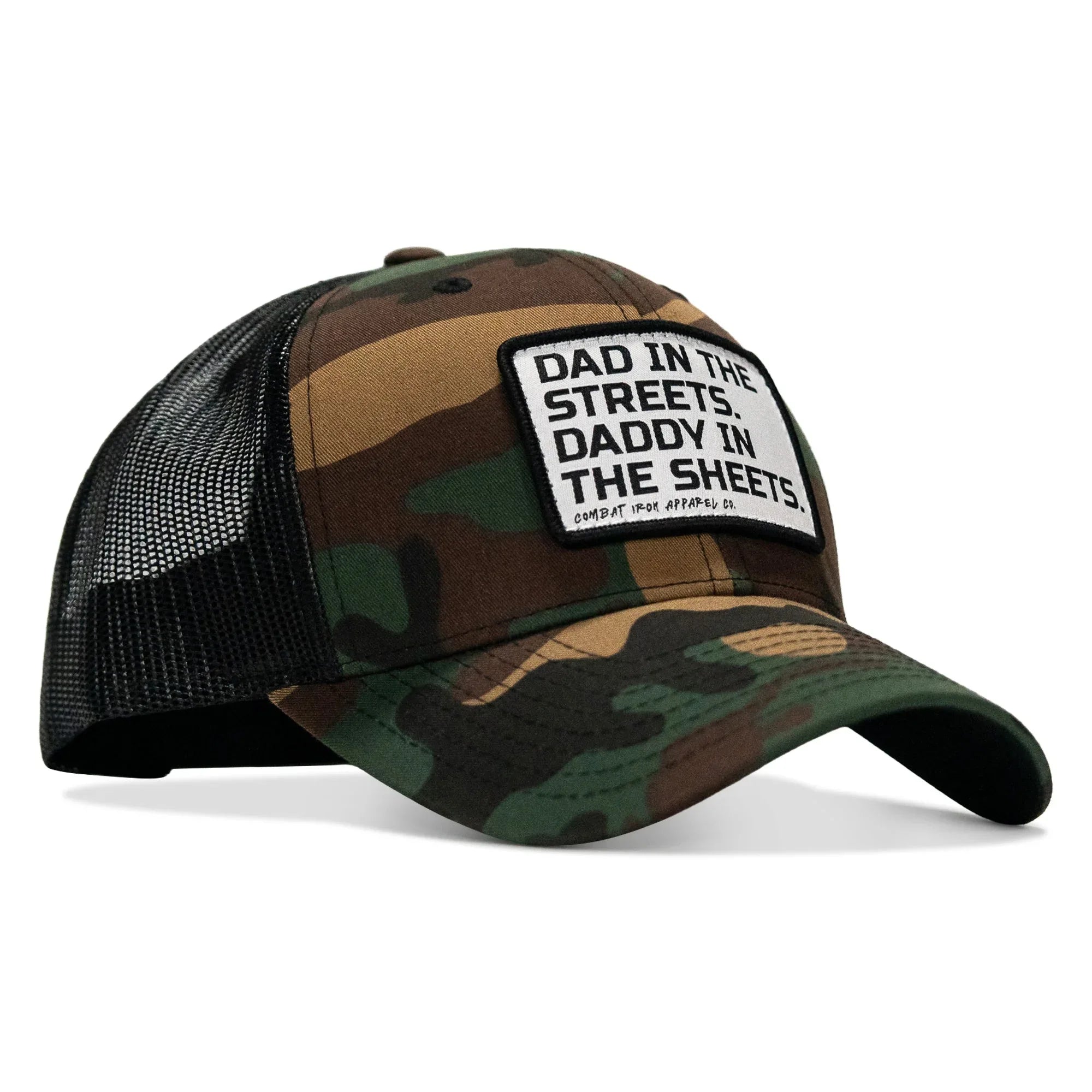 Dad In The Streets. Daddy In The Sheets. White Patch Snapback Hat - Combat Iron Apparel Co.