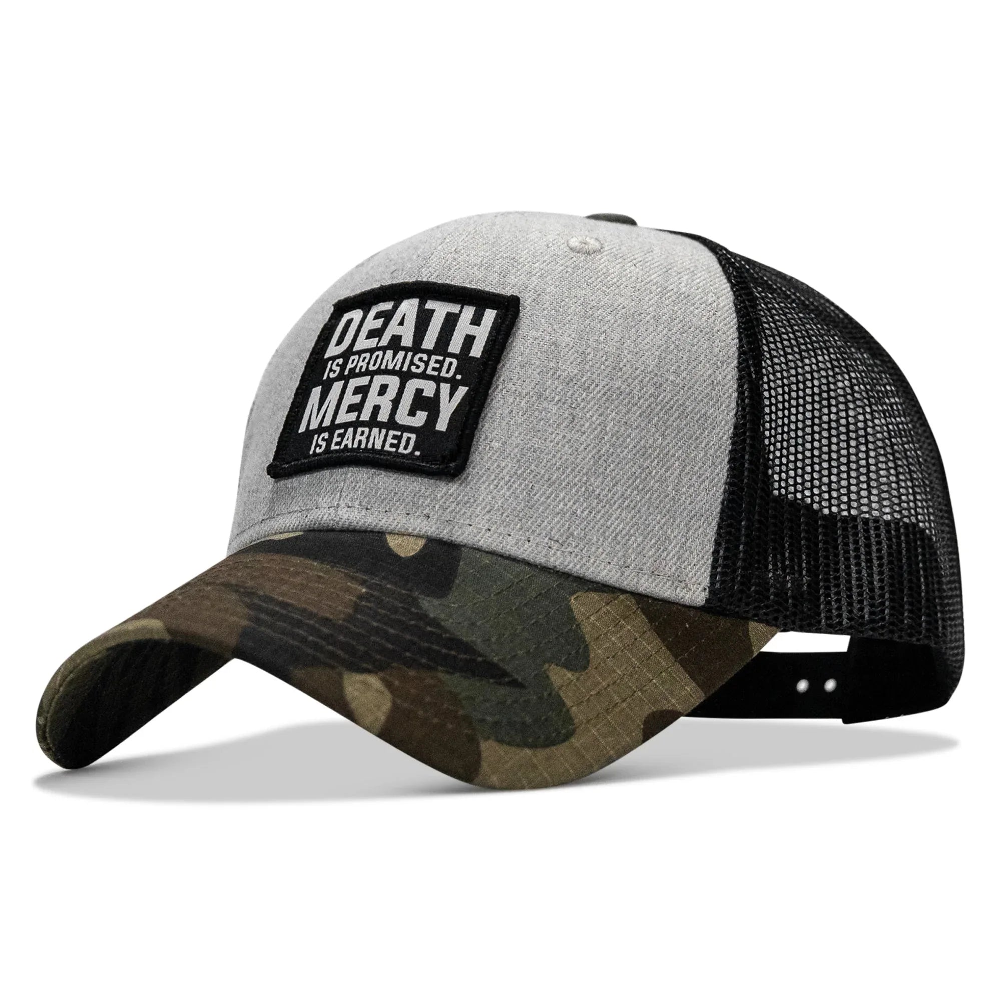Death Is Promised. Mercy Is Earned Patch Snapback Hat - Combat Iron Apparel Co.