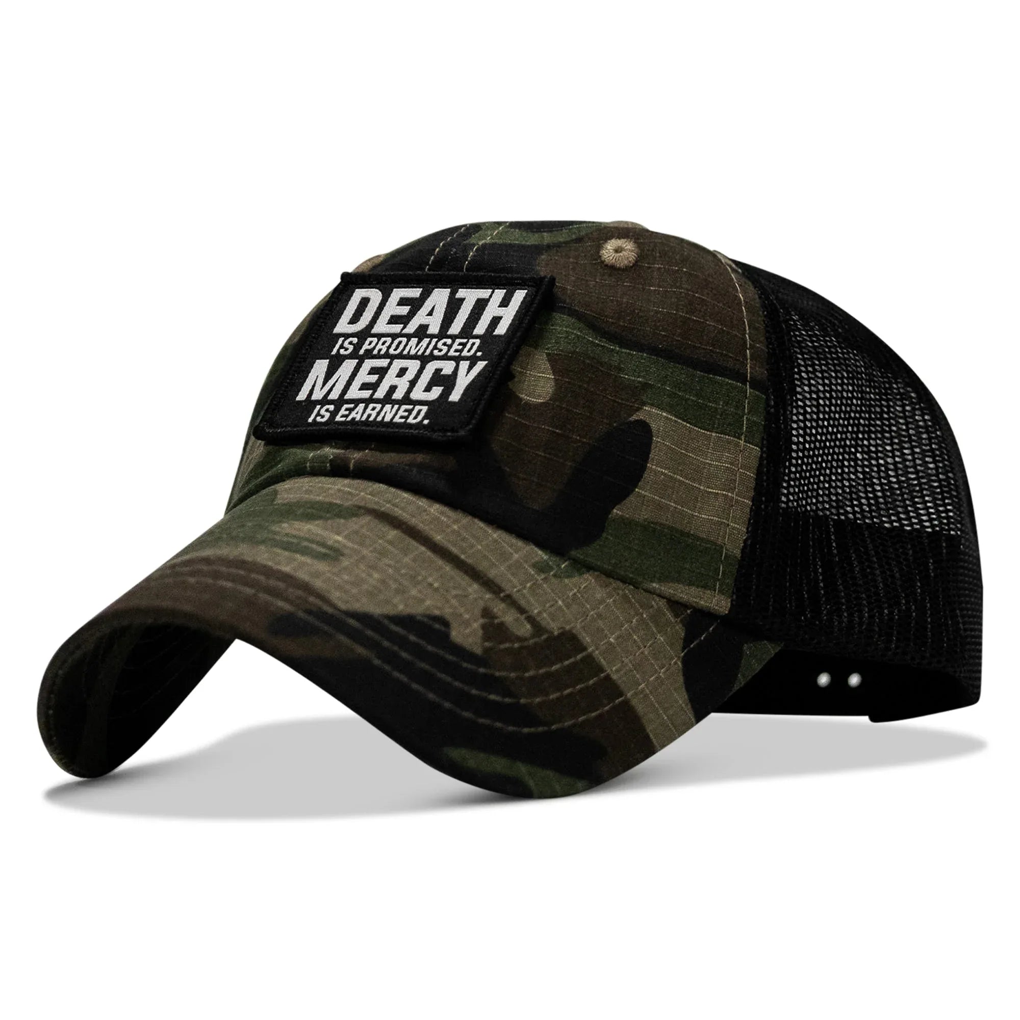 Death Is Promised. Mercy Is Earned Patch. Tactical Ripstop Mesh Snapback Hat - Combat Iron Apparel Co.