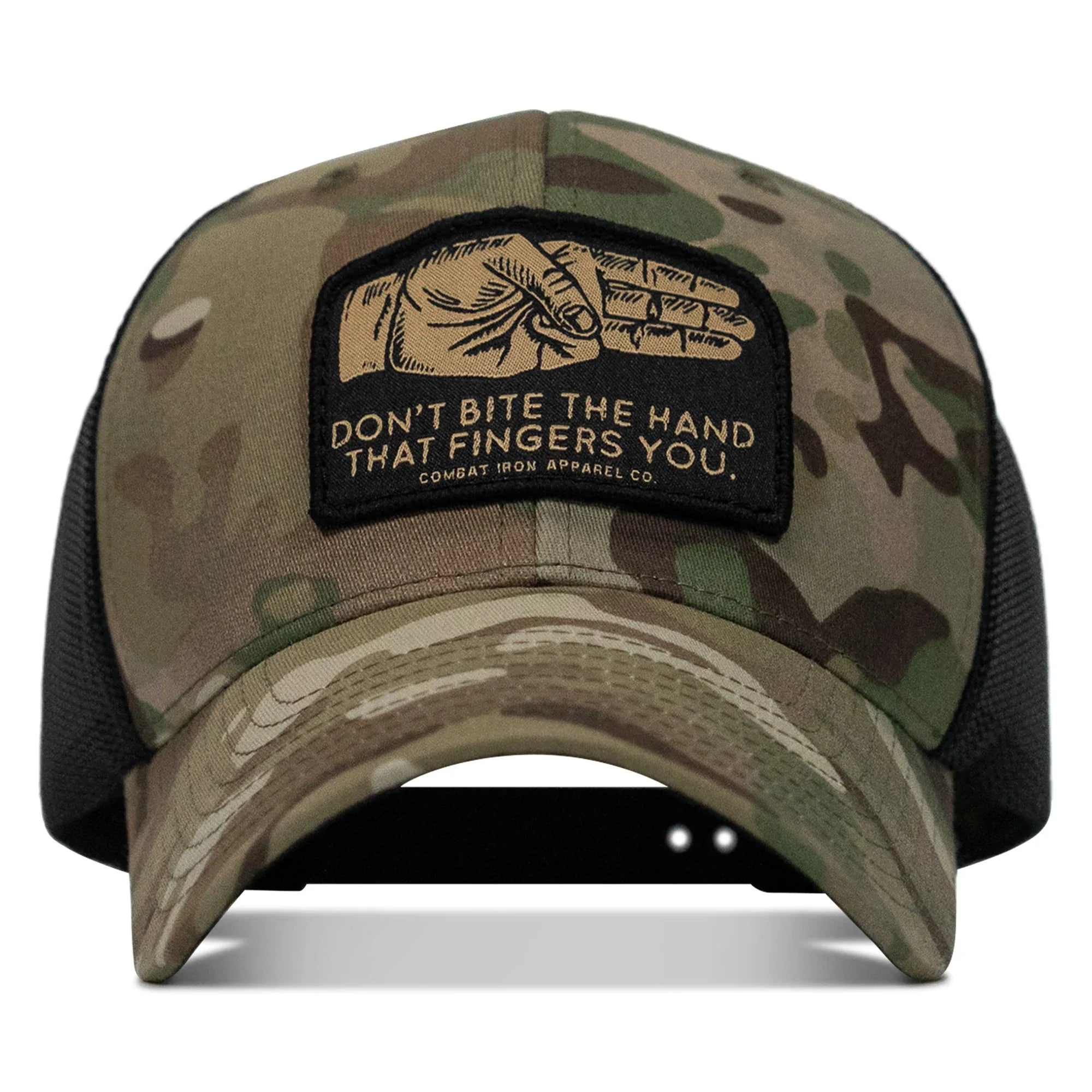 Don't Bite The Hand That Fingers you Patch Snapback Hat - Combat Iron Apparel Co.