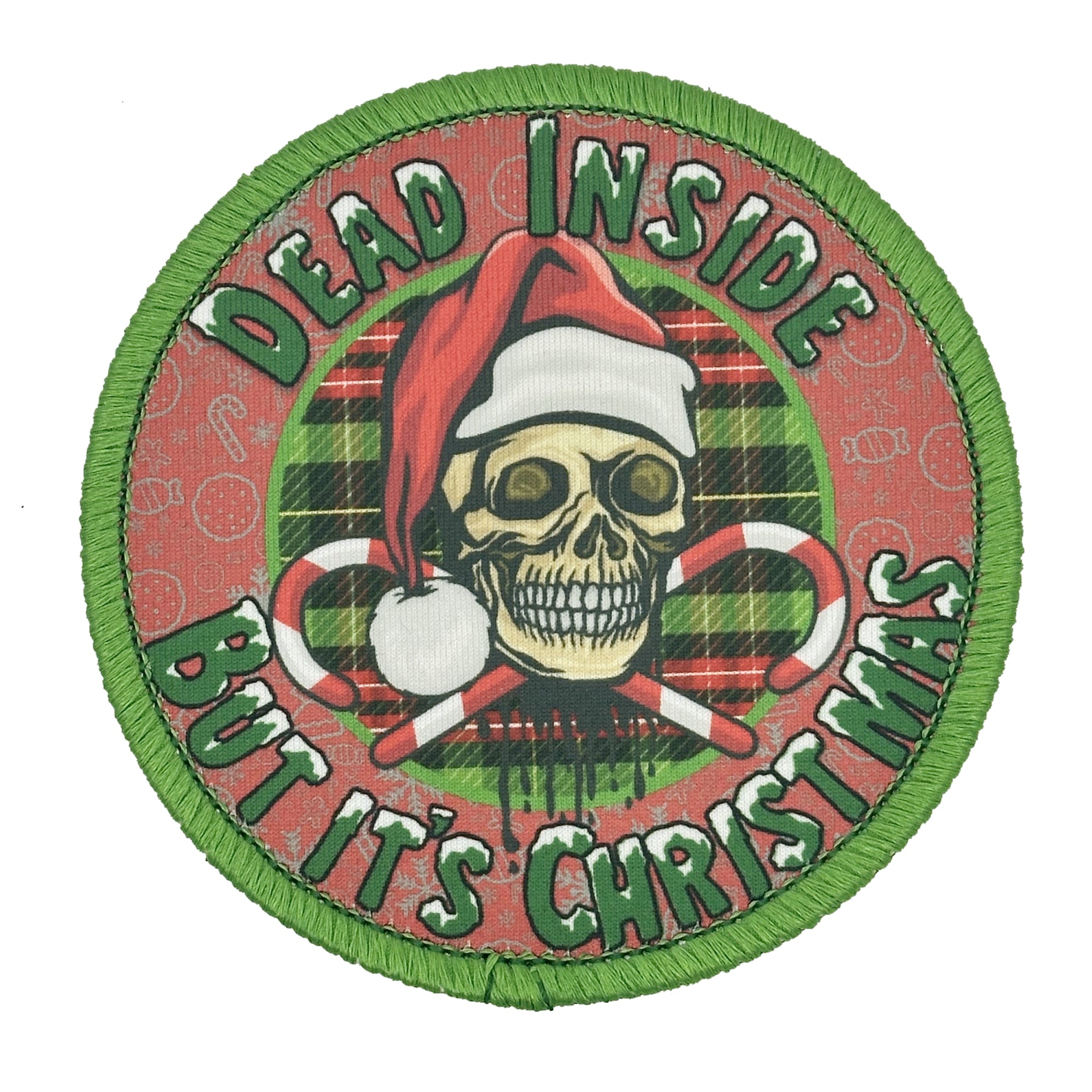 Dead Inside, But It's Christmas - Santa Hat Skull with Crossed Candy Canes - Sublimated - 4 inch Patch