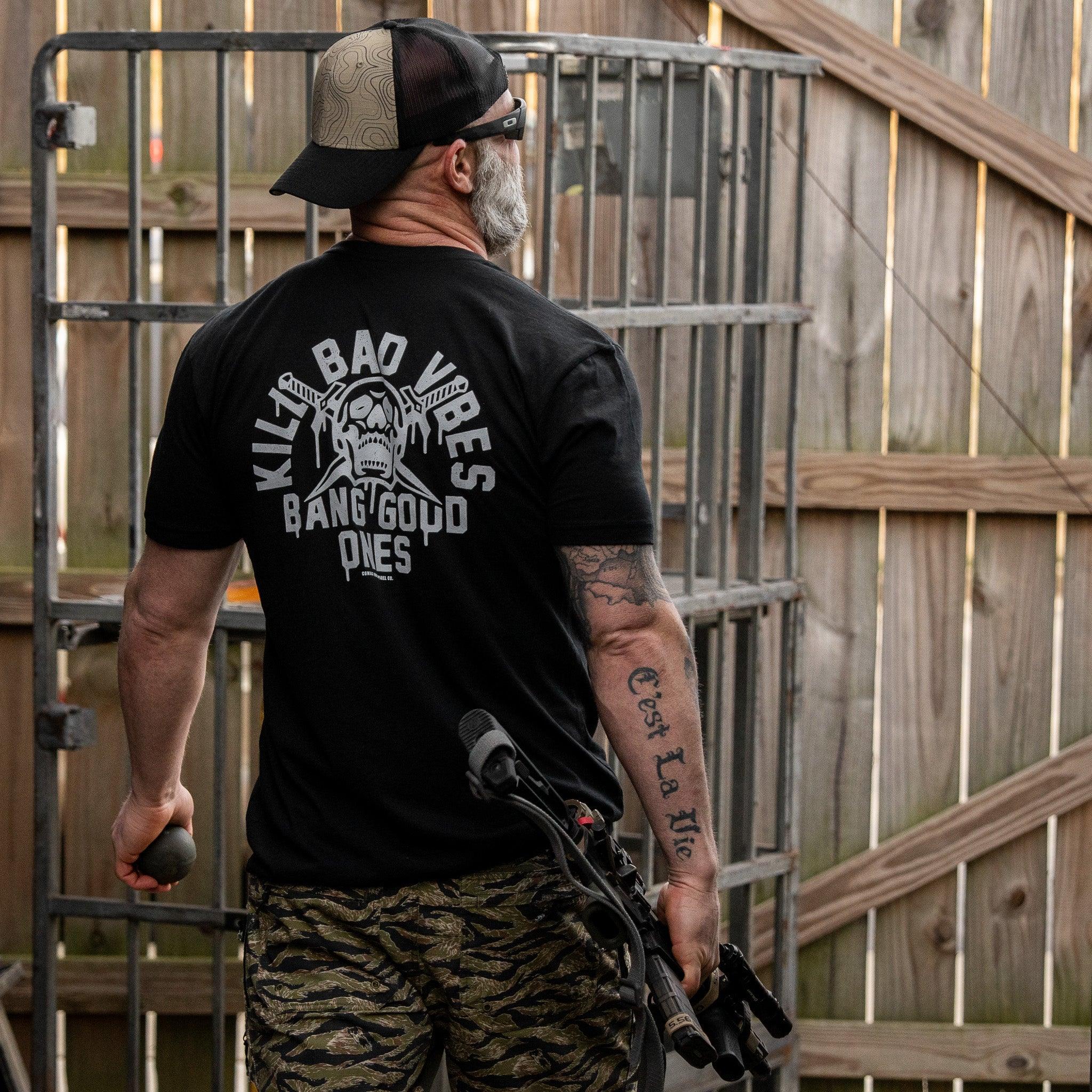 Kill Bad Vibes. Bang Good Ones Skull Men's T-Shirt - Combat Iron Apparel Co.