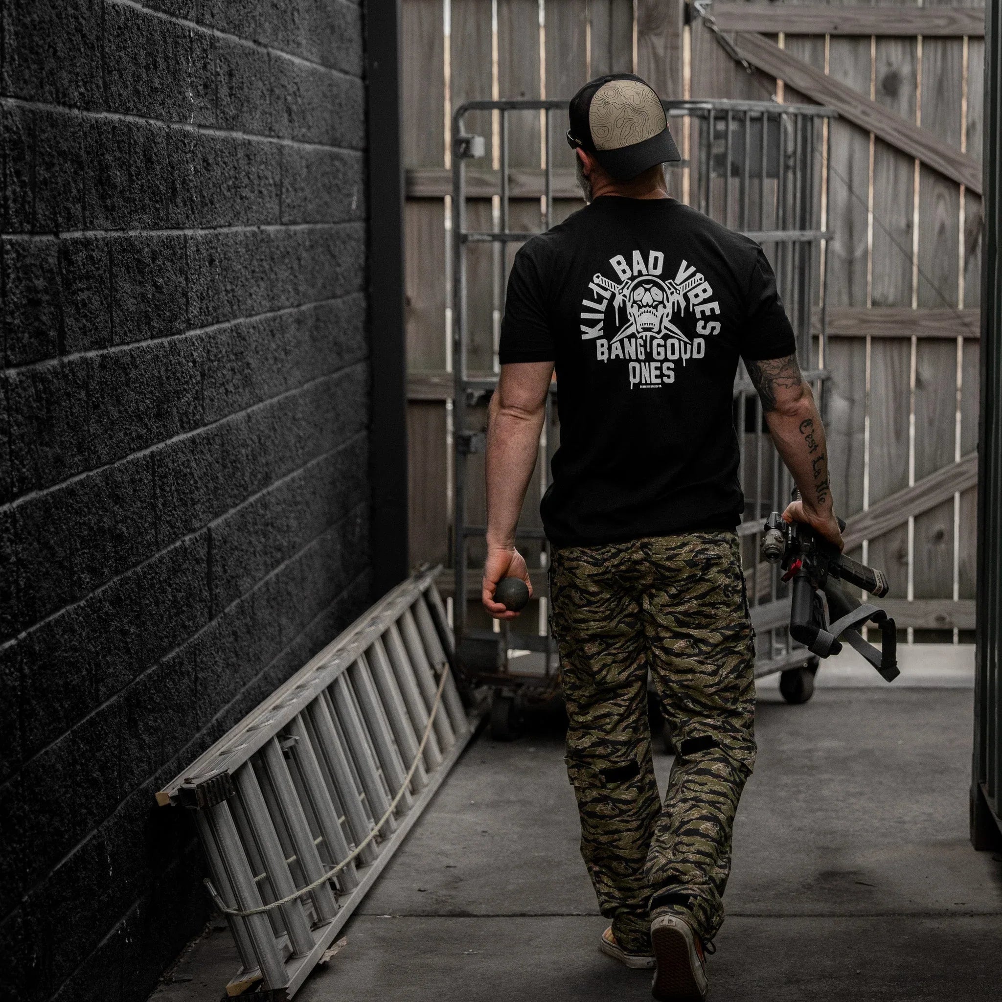 Kill Bad Vibes. Bang Good Ones Skull Men's T-Shirt - Combat Iron Apparel Co.