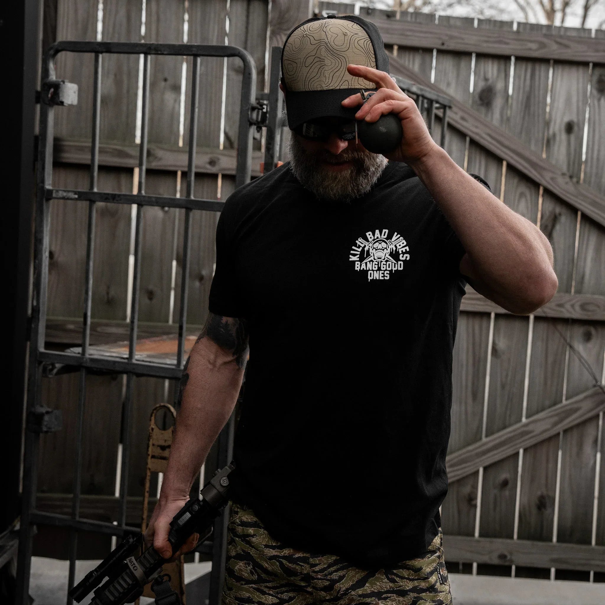 Kill Bad Vibes. Bang Good Ones Skull Men's T-Shirt - Combat Iron Apparel Co.